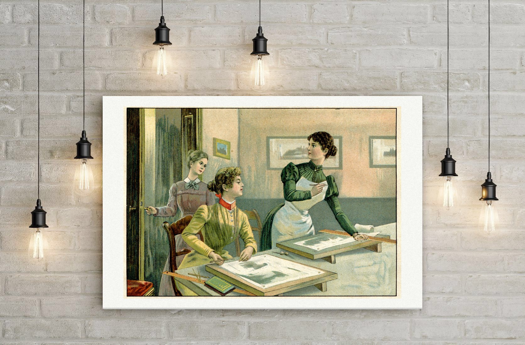 Heideröslein – Mädchen im Zeichensaal – Farblithografie, Leinwanddruck auf Holzkeilrahmen an der Wand