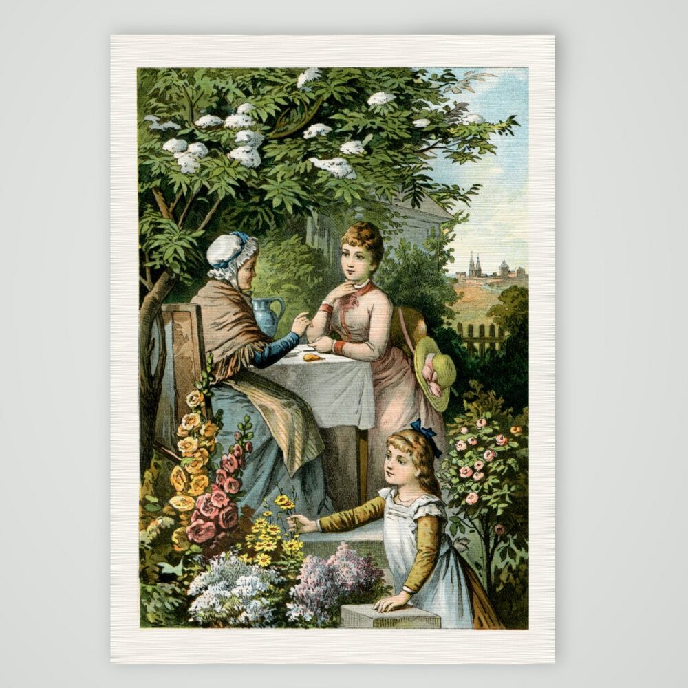 Aus einem Mädchenleben – unter dem Holunder – Farblithografie, Kunstdruck auf Leinenpapier