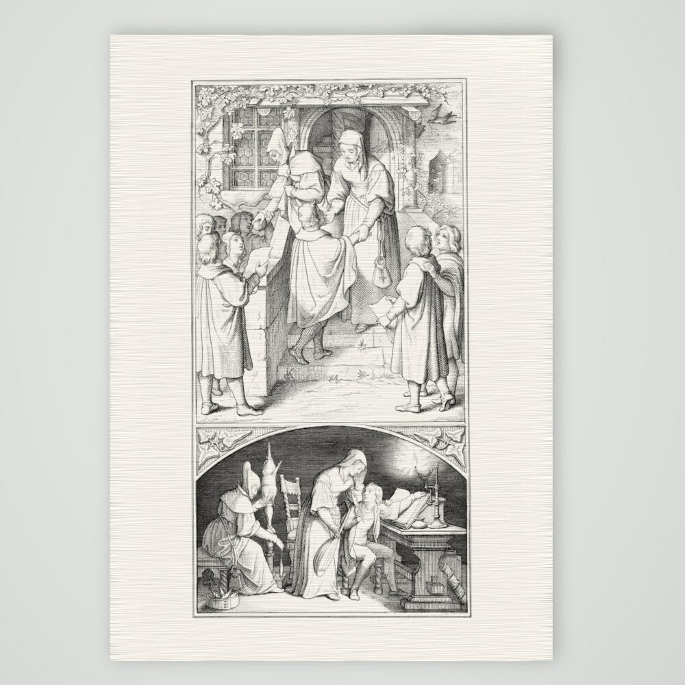 Luther als Kurrendeschüler bei Frau Cotta in Eisenach – Stich nach Gustav König (Monogramm GK), Kunstdruck auf Leinenpapier