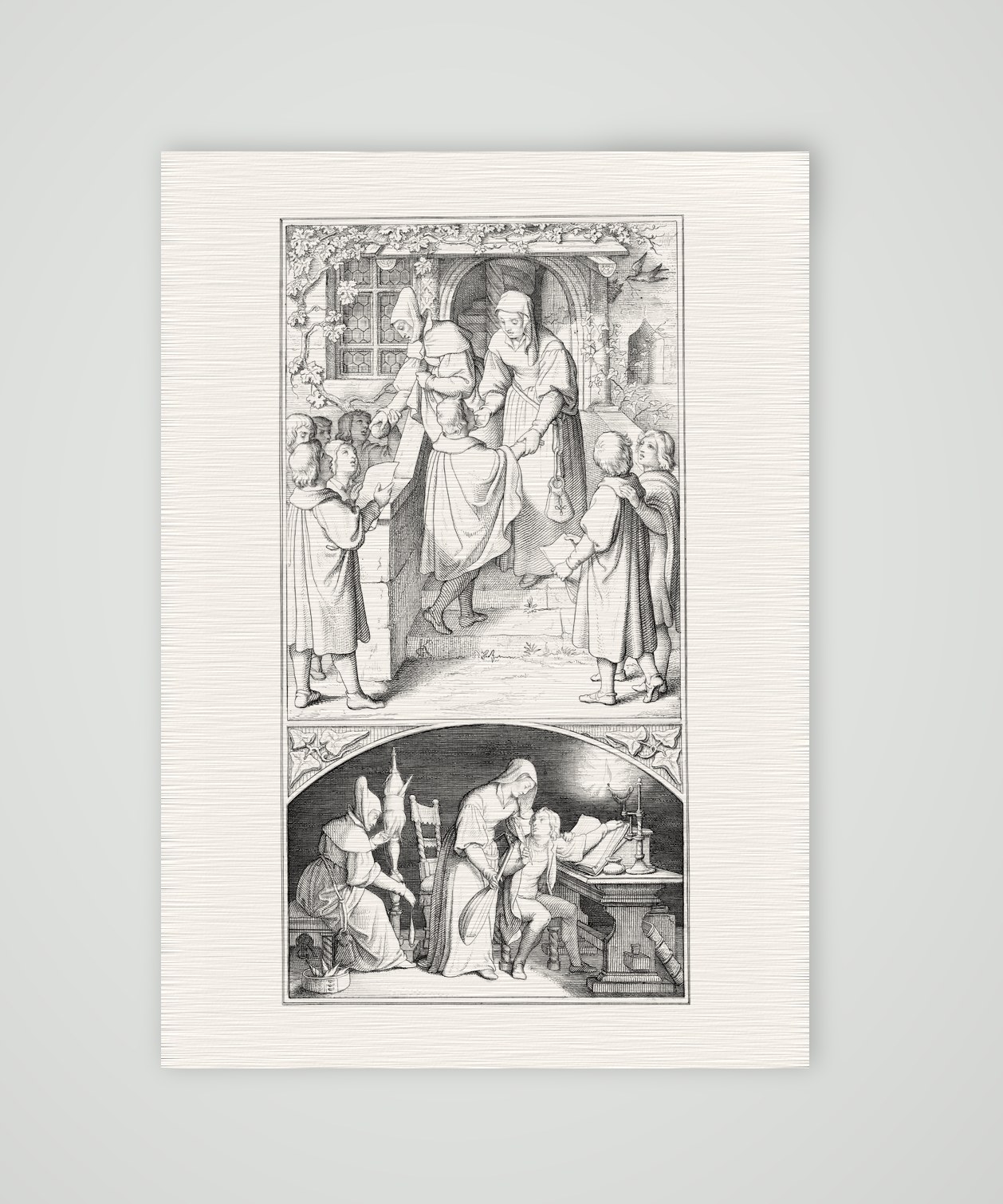 Luther als Kurrendeschüler bei Frau Cotta in Eisenach – Stich nach Gustav König (Monogramm GK), Kunstdruck auf Leinenpapier