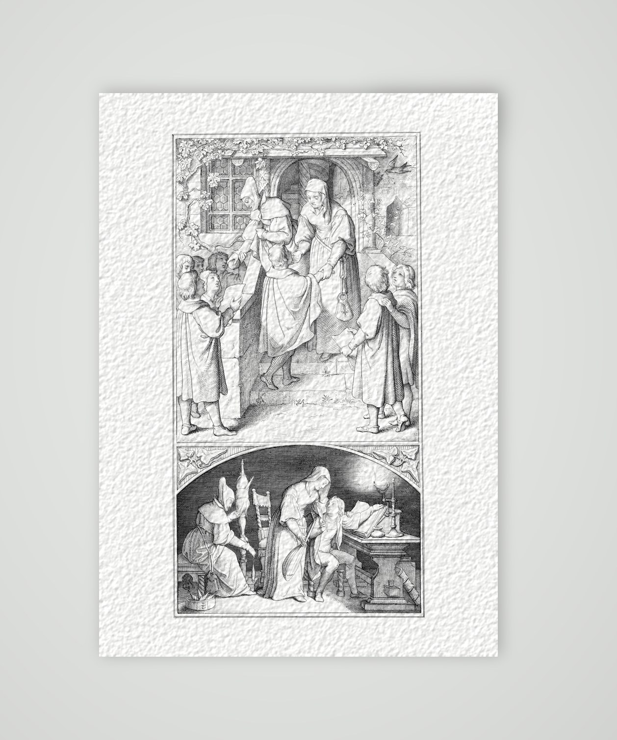 Luther als Kurrendeschüler bei Frau Cotta in Eisenach – Stich nach Gustav König (Monogramm GK), Kunstdruck auf Hahnemühle-Büttenpapier