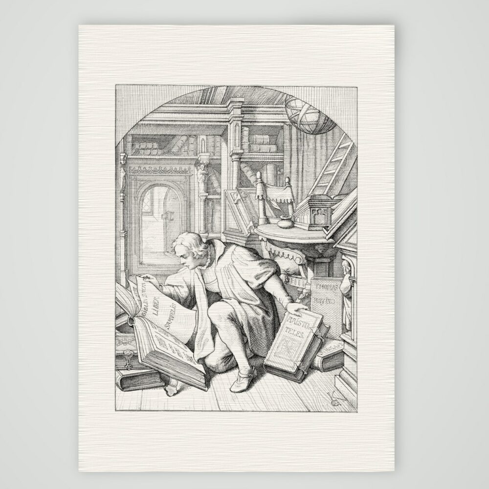 Luther entdeckt die Bibel in der Erfurter Universitätsbibliothek – Stich nach Gustav König (Monogramm GK), Kunstdruck auf Leinenpapier