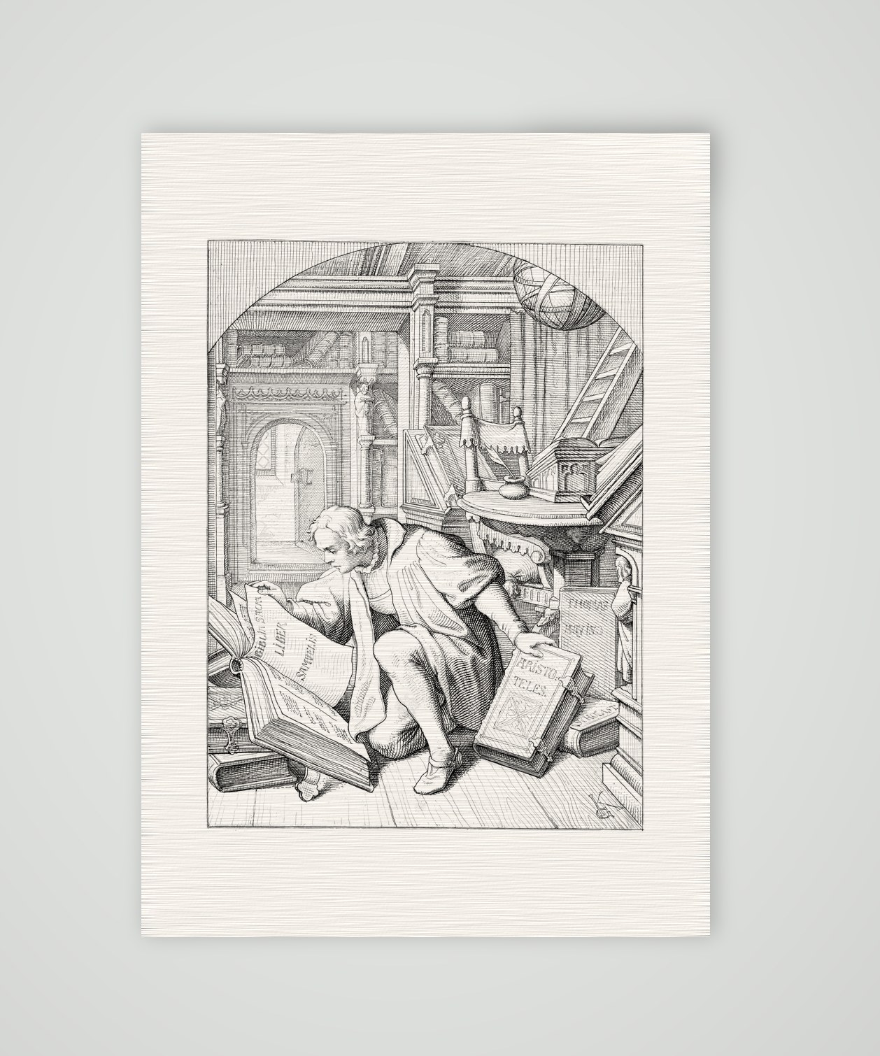 Luther entdeckt die Bibel in der Erfurter Universitätsbibliothek – Stich nach Gustav König (Monogramm GK), Kunstdruck auf Leinenpapier