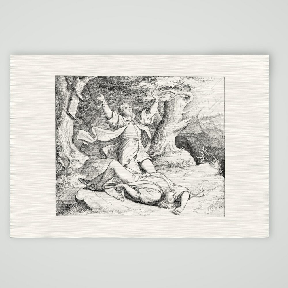 Luthers Freund Alexis wird vom Blitz erschlagen – Stich nach Gustav König (Monogramm GK), Kunstdruck auf Leinenpapier