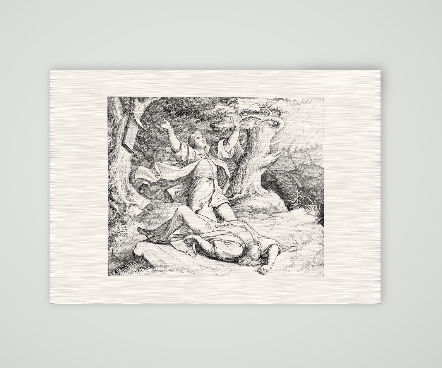 Luthers Freund Alexis wird vom Blitz erschlagen – Stich nach Gustav König (Monogramm GK), Kunstdruck auf Leinenpapier