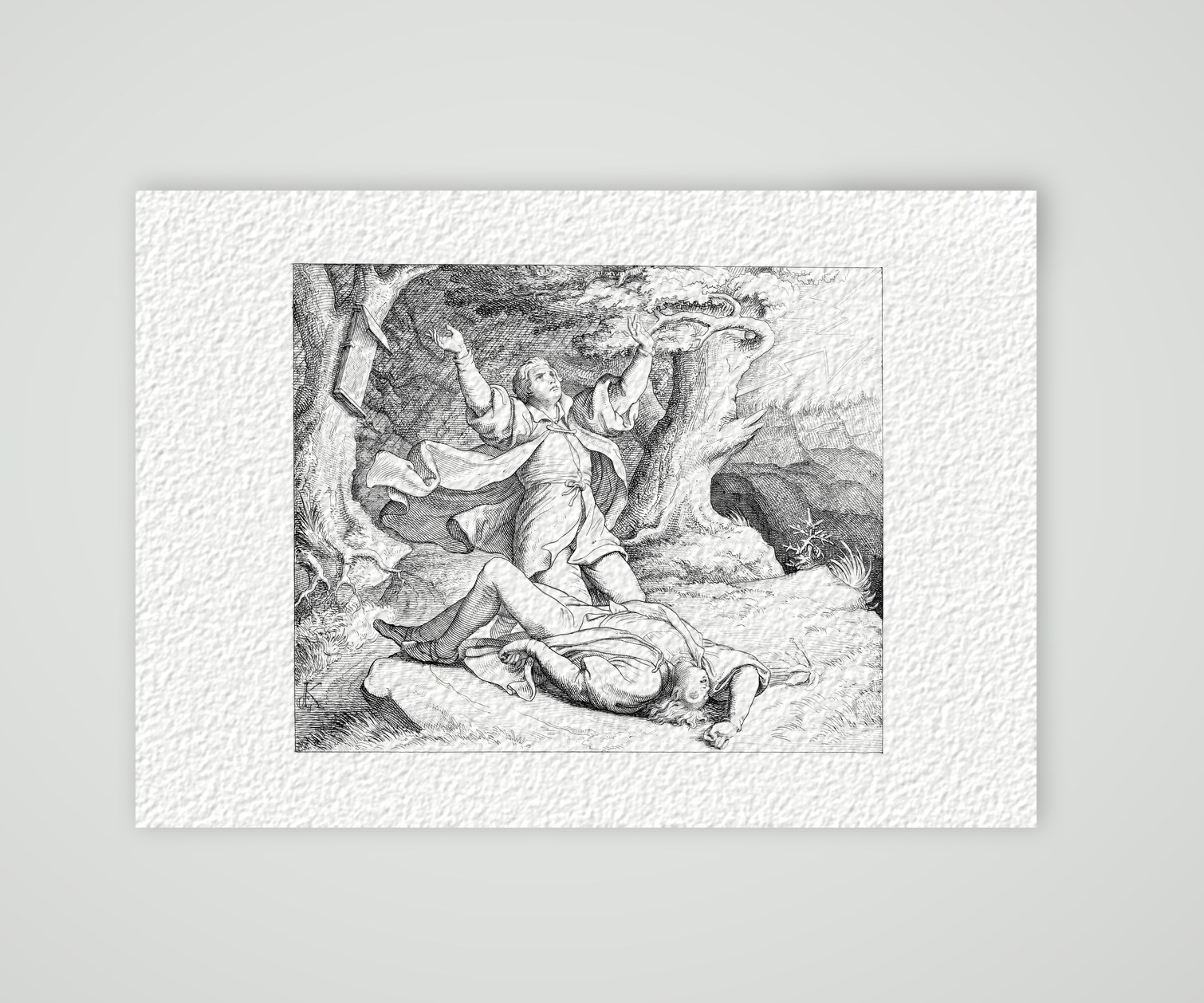 Luthers Freund Alexis wird vom Blitz erschlagen – Stich nach Gustav König (Monogramm GK), Kunstdruck auf Hahnemühle-Büttenpapier