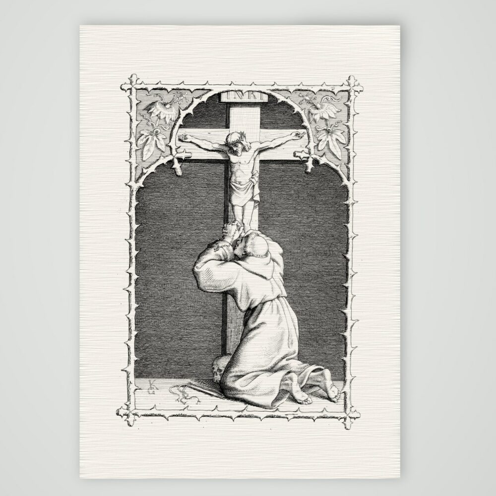 Luther in seiner Selbstquälerei im Kloster – Stich nach Gustav König (Monogramm GK), Kunstdruck auf Leinenpapier