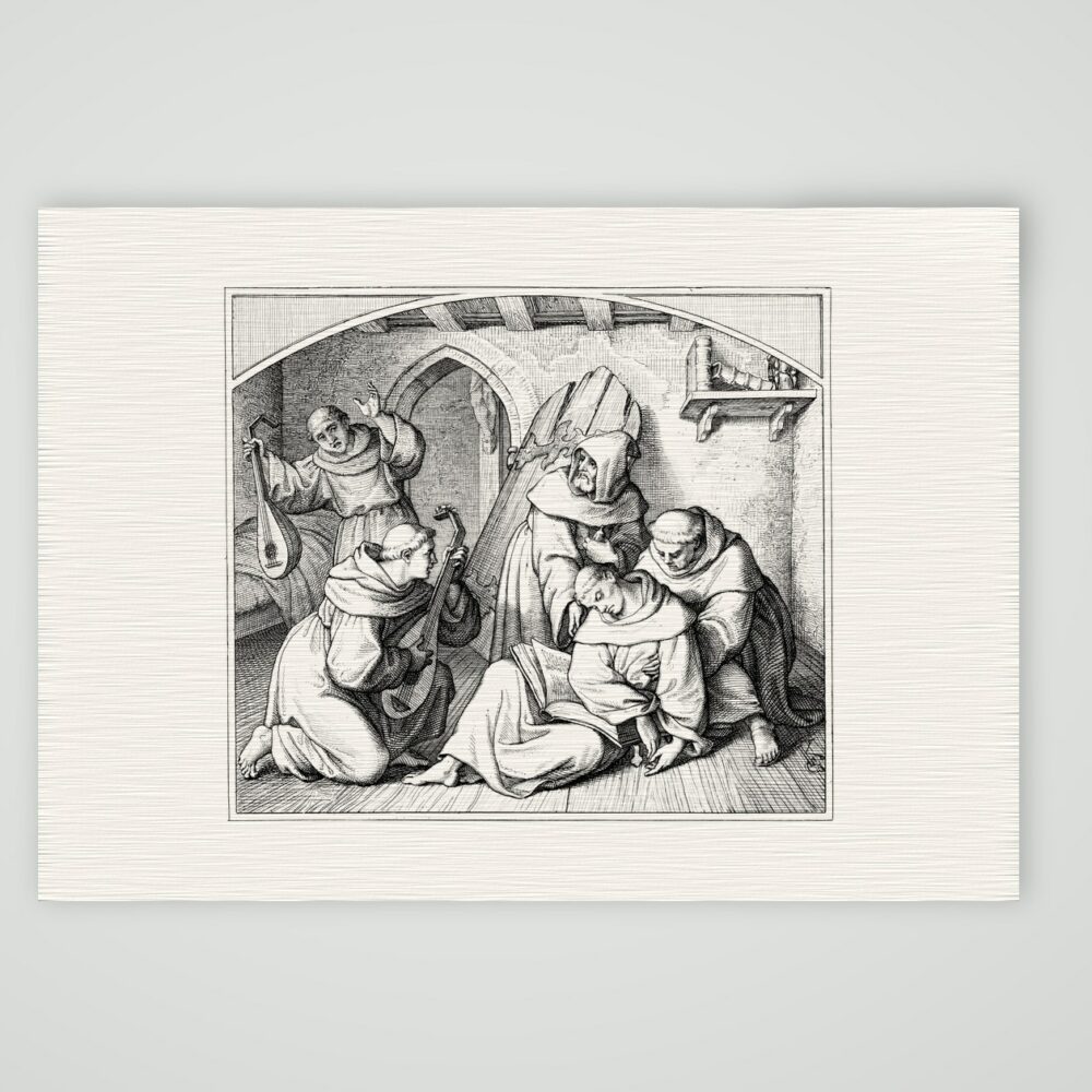 Luther ohnmächtig in seiner Klosterzelle – Stich nach Gustav König (Monogramm GK), Kunstdruck auf Leinenpapier