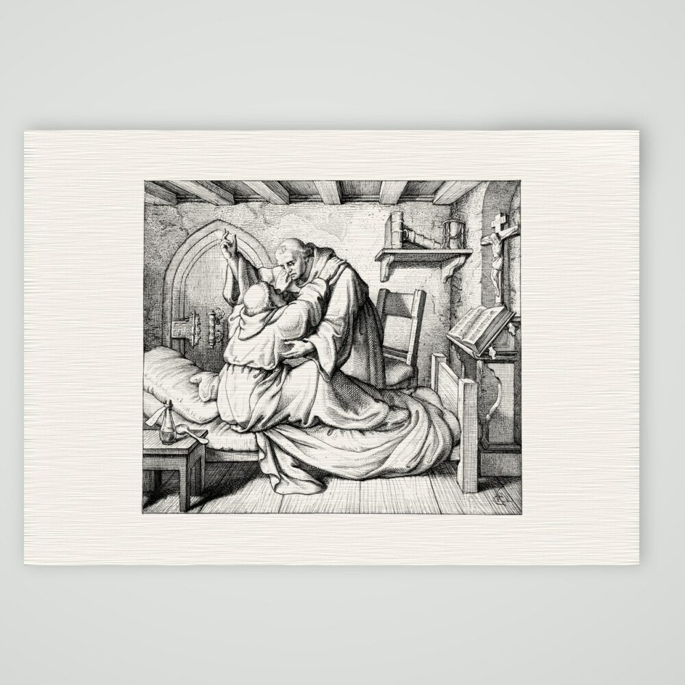 Luther wird in seiner Klosterzelle getröstet – Stich nach Gustav König (Monogramm GK), Kunstdruck auf Leinenpapier