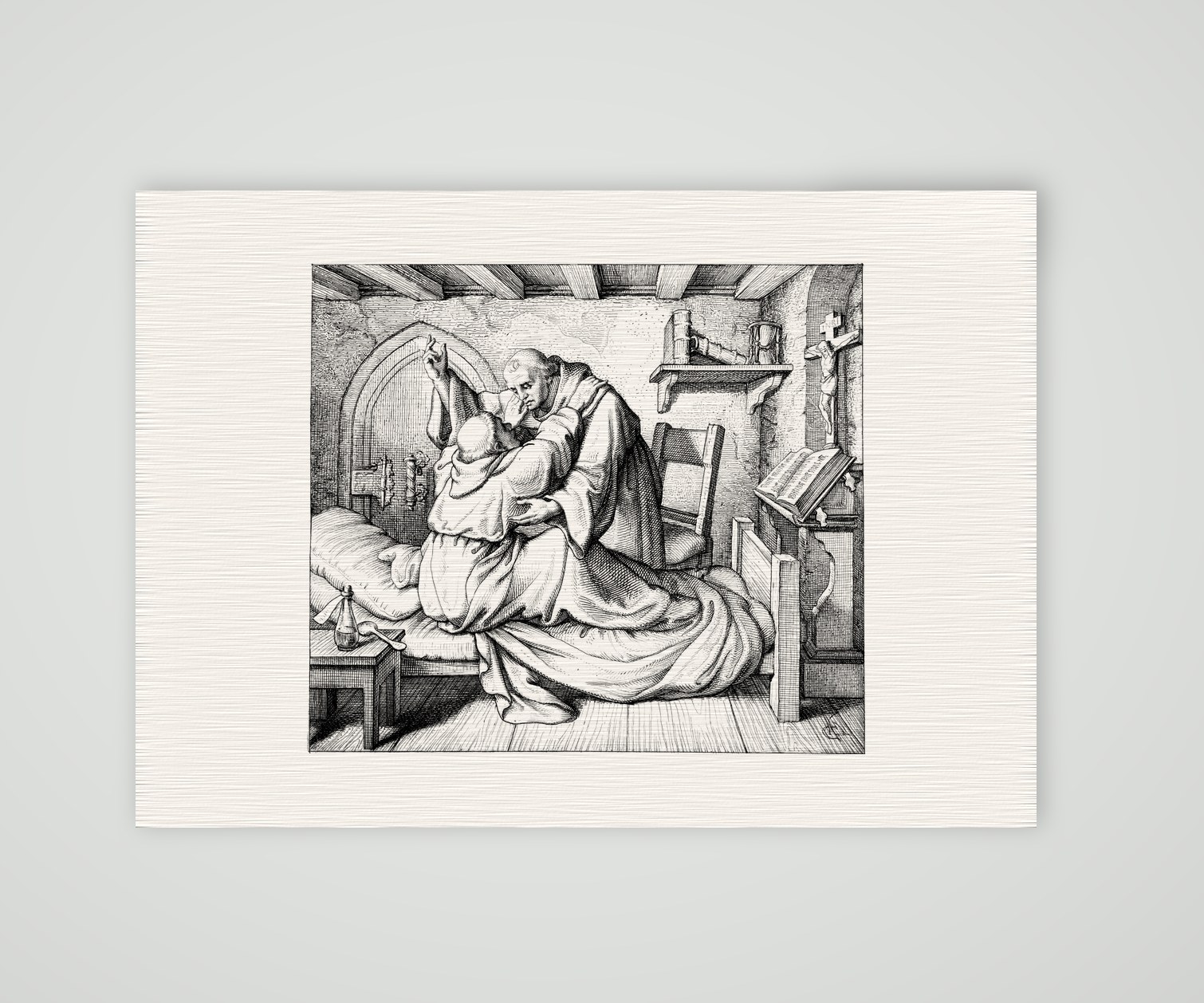Luther wird in seiner Klosterzelle getröstet – Stich nach Gustav König (Monogramm GK), Kunstdruck auf Leinenpapier