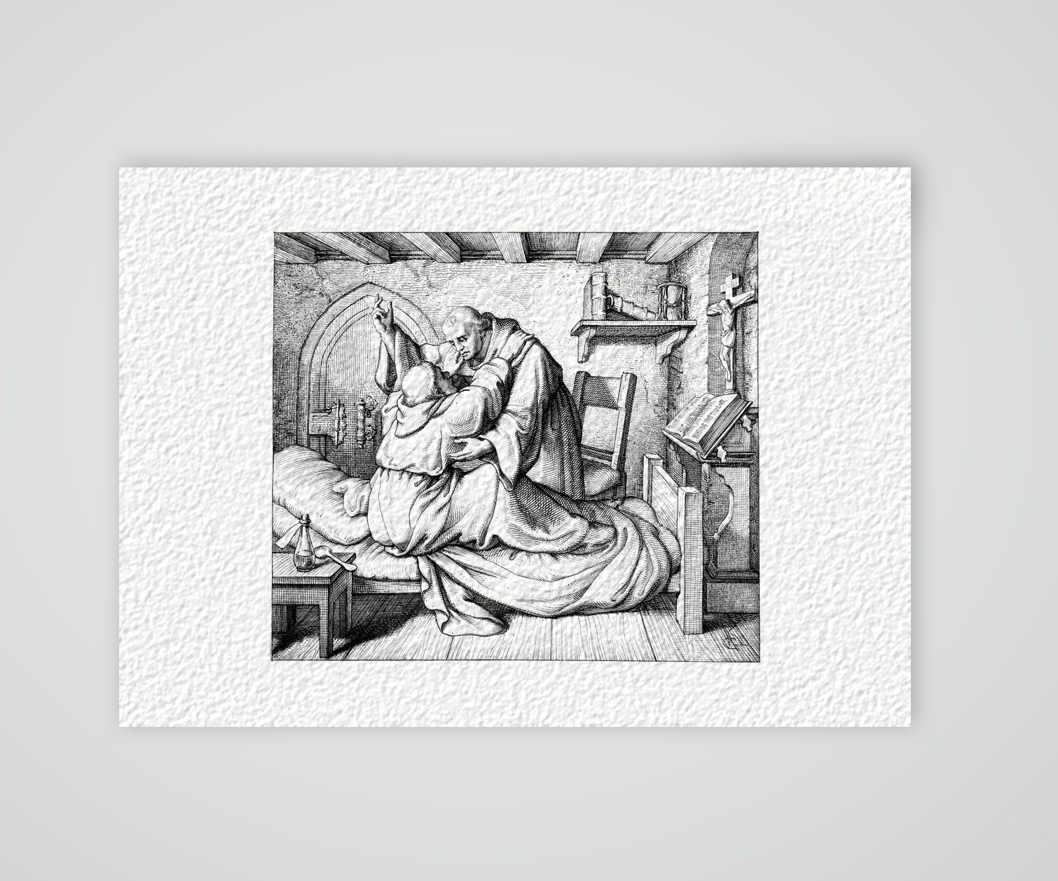 Luther wird in seiner Klosterzelle getröstet – Stich nach Gustav König (Monogramm GK), Kunstdruck auf Hahnemühle-Büttenpapier