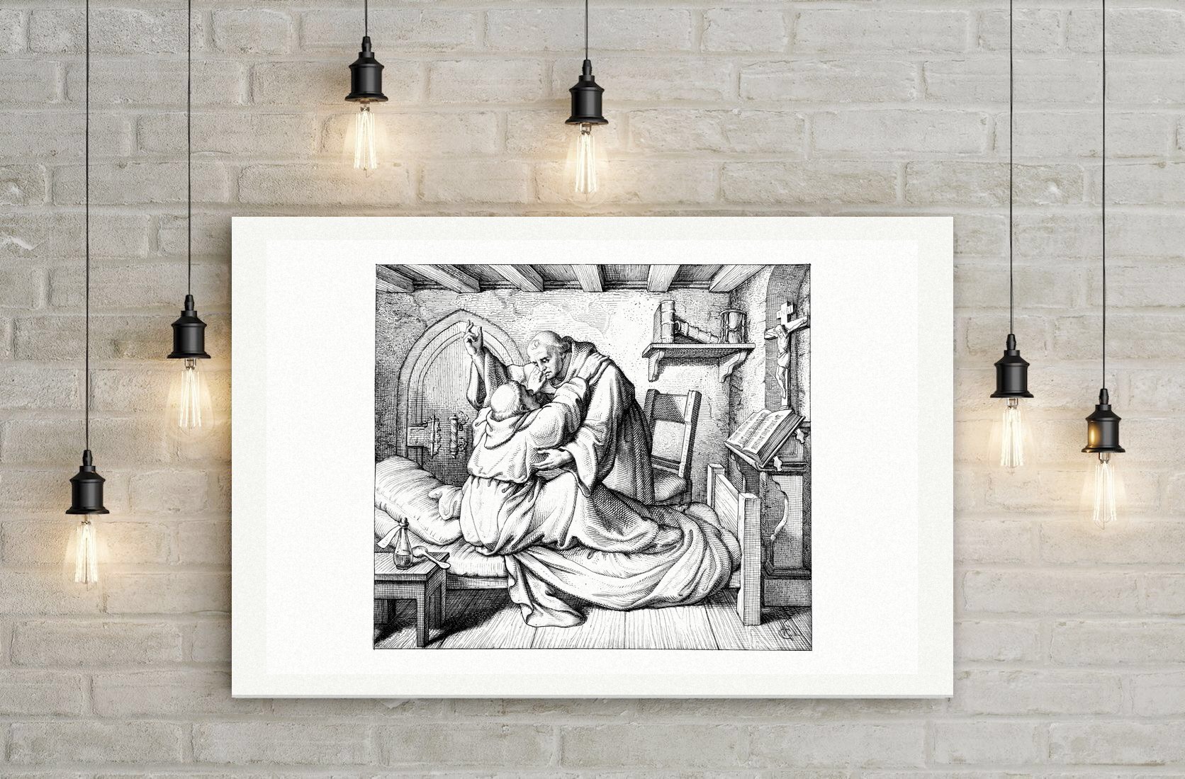 Luther wird in seiner Klosterzelle getröstet – Stich nach Gustav König (Monogramm GK), Leinwanddruck auf Holzkeilrahmen an der Wand