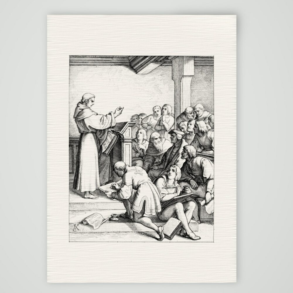 Luther hält als Baccalaureus Vorlesungen (1508) – Stich nach Gustav König (Monogramm GK), Kunstdruck auf Leinenpapier