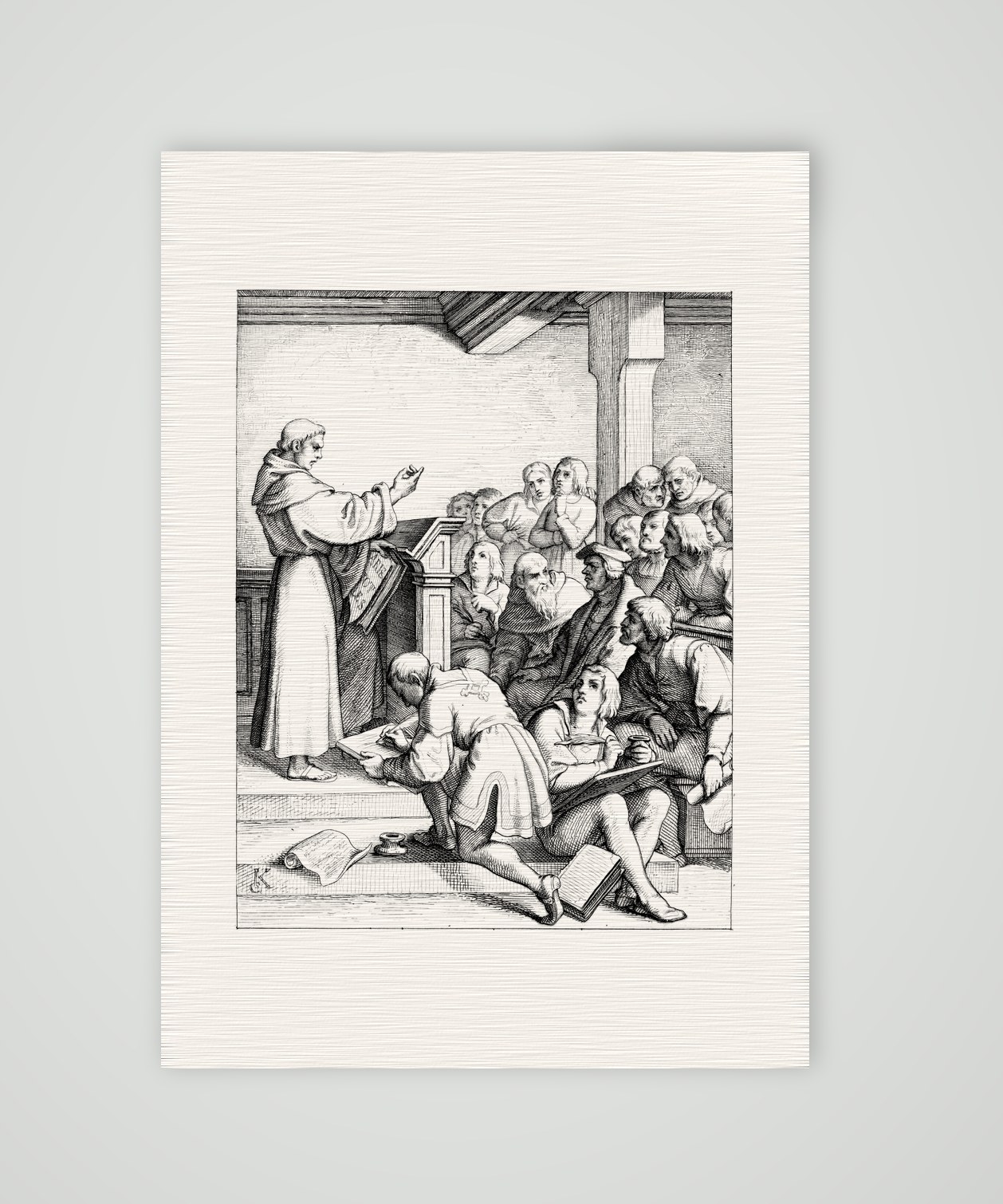 Luther hält als Baccalaureus Vorlesungen (1508) – Stich nach Gustav König (Monogramm GK), Kunstdruck auf Leinenpapier