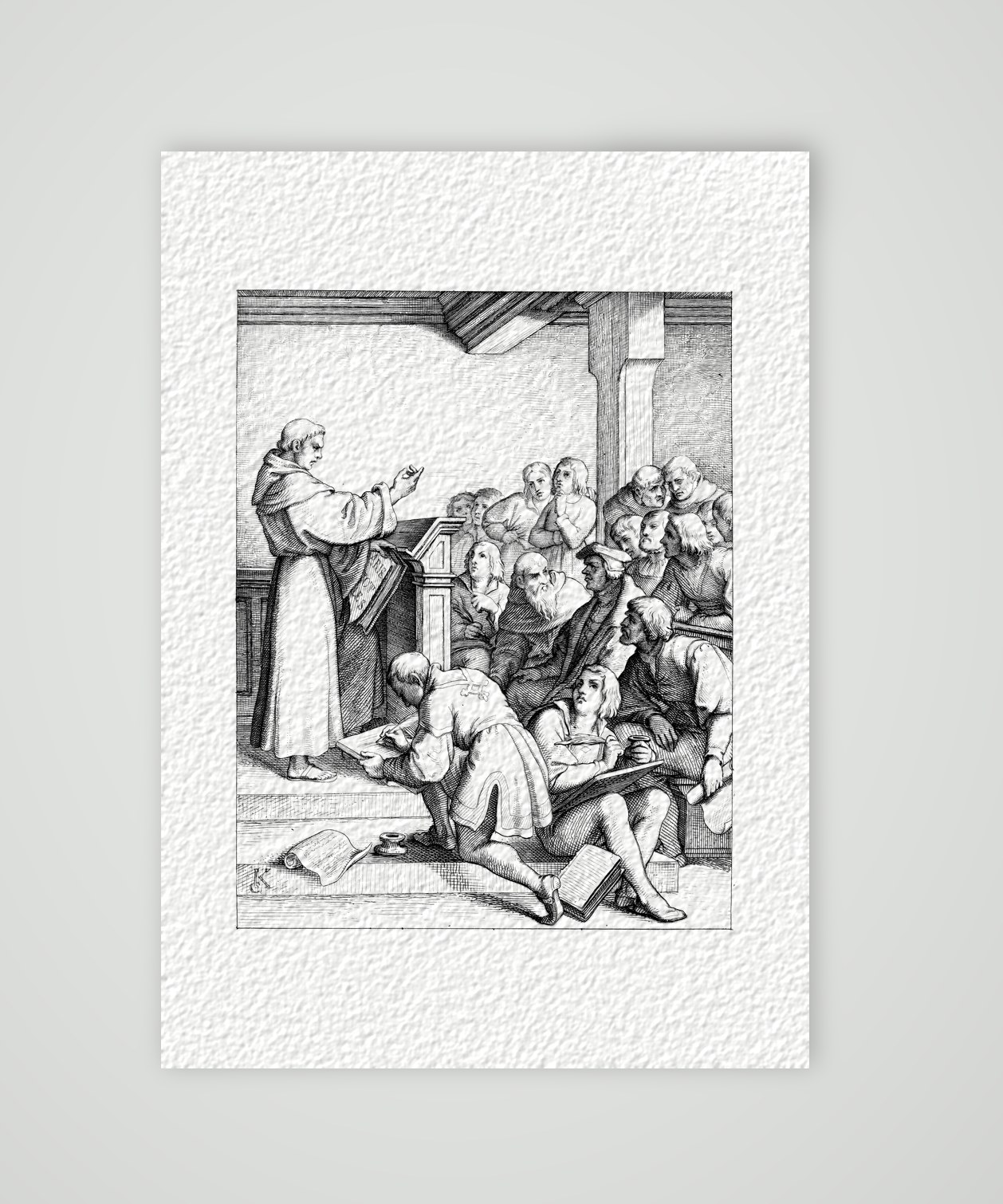 Luther hält als Baccalaureus Vorlesungen (1508) – Stich nach Gustav König (Monogramm GK), Kunstdruck auf Hahnemühle-Büttenpapier