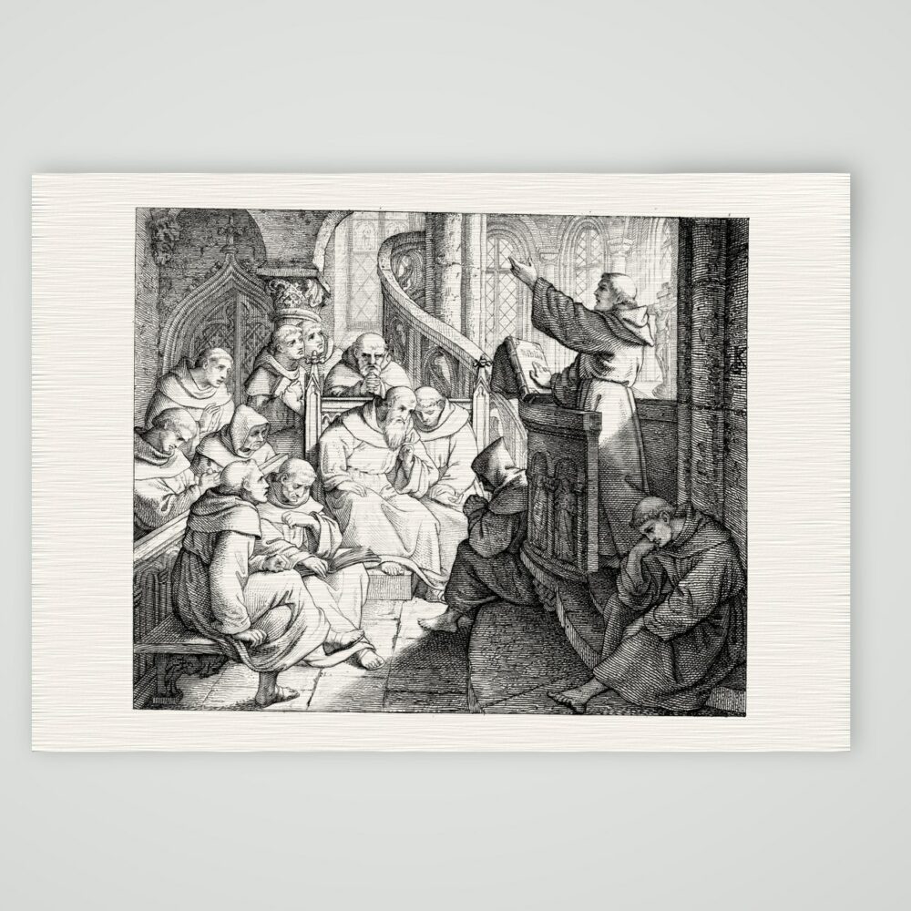 Luther predigt im Kloster vor Staupitz – Stich nach Gustav König (Monogramm GK), Kunstdruck auf Leinenpapier
