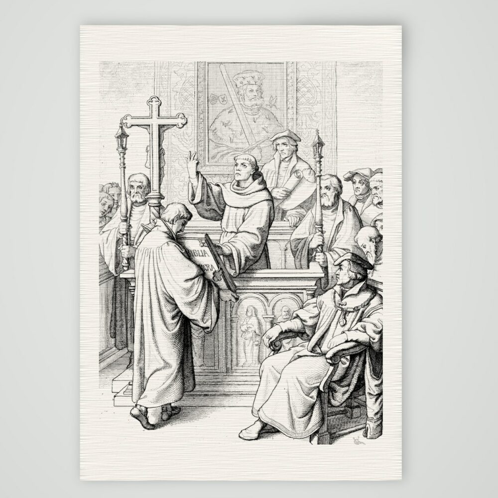 Luther wird zum Doktor der Heiligen Schrift promoviert – Stich nach Gustav König (Monogramm GK), Kunstdruck auf Leinenpapier
