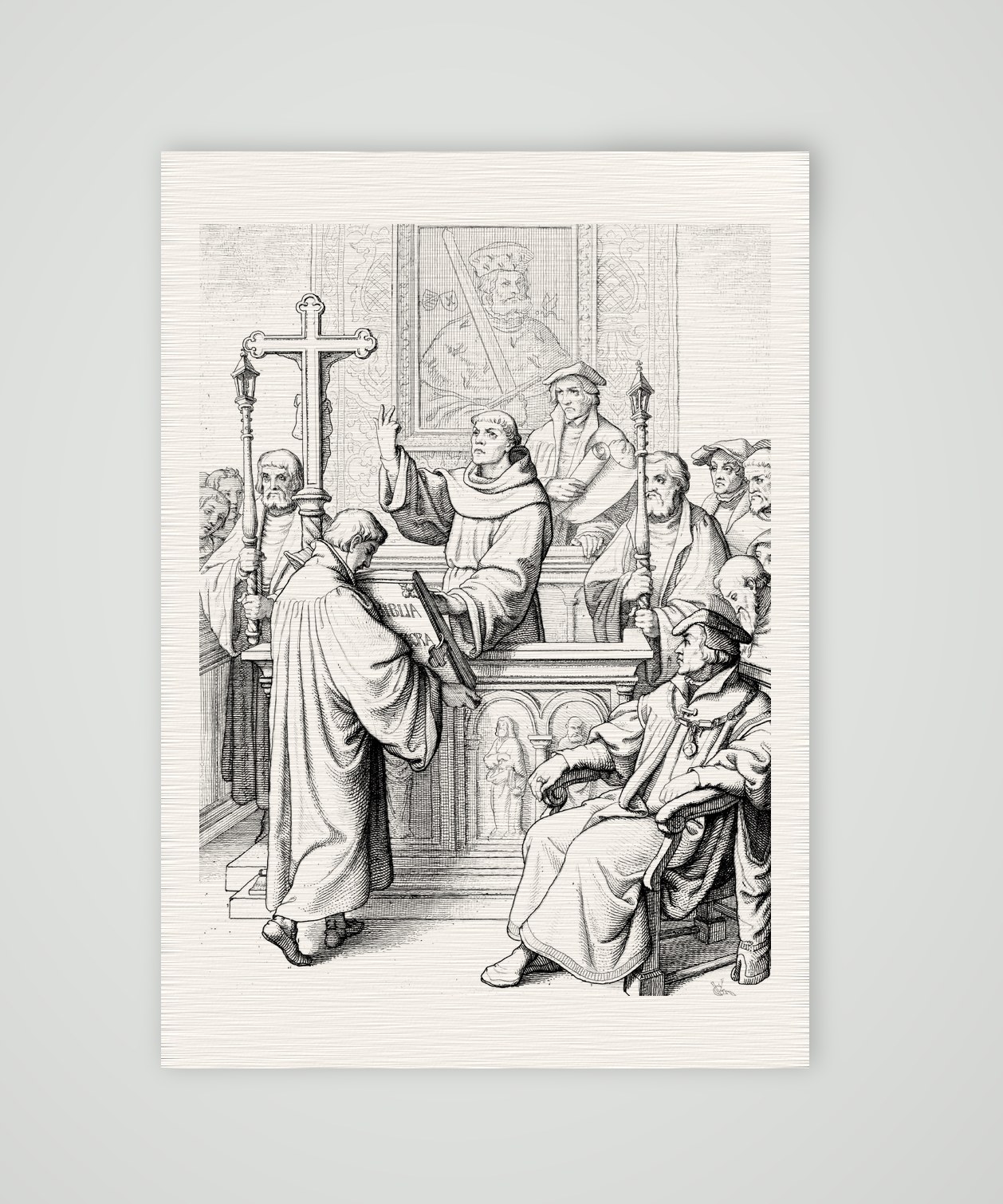 Luther wird zum Doktor der Heiligen Schrift promoviert – Stich nach Gustav König (Monogramm GK), Kunstdruck auf Leinenpapier