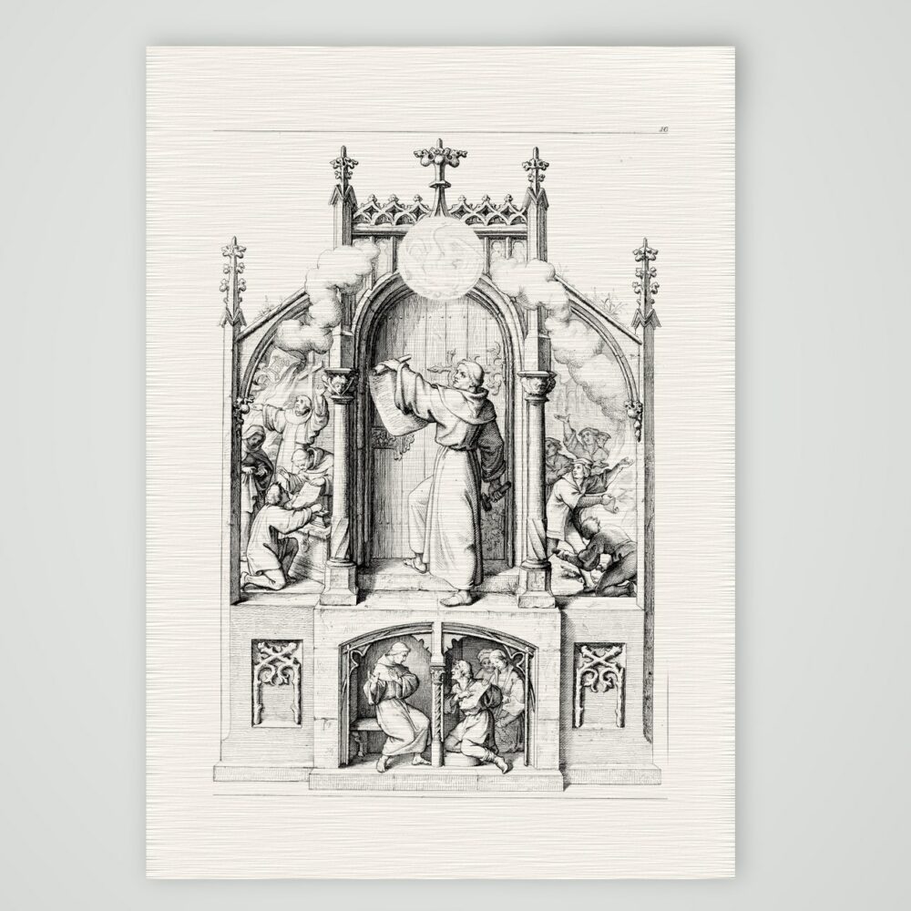Luthers Thesenanschlag und die verweigerte Absolution – Stich nach Gustav König (Monogramm GK), Kunstdruck auf Leinenpapier