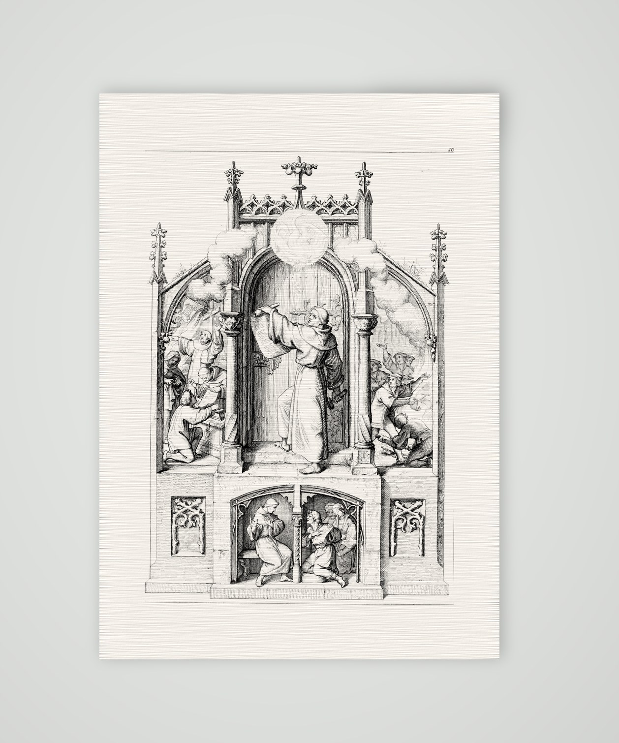 Luthers Thesenanschlag und die verweigerte Absolution – Stich nach Gustav König (Monogramm GK), Kunstdruck auf Leinenpapier