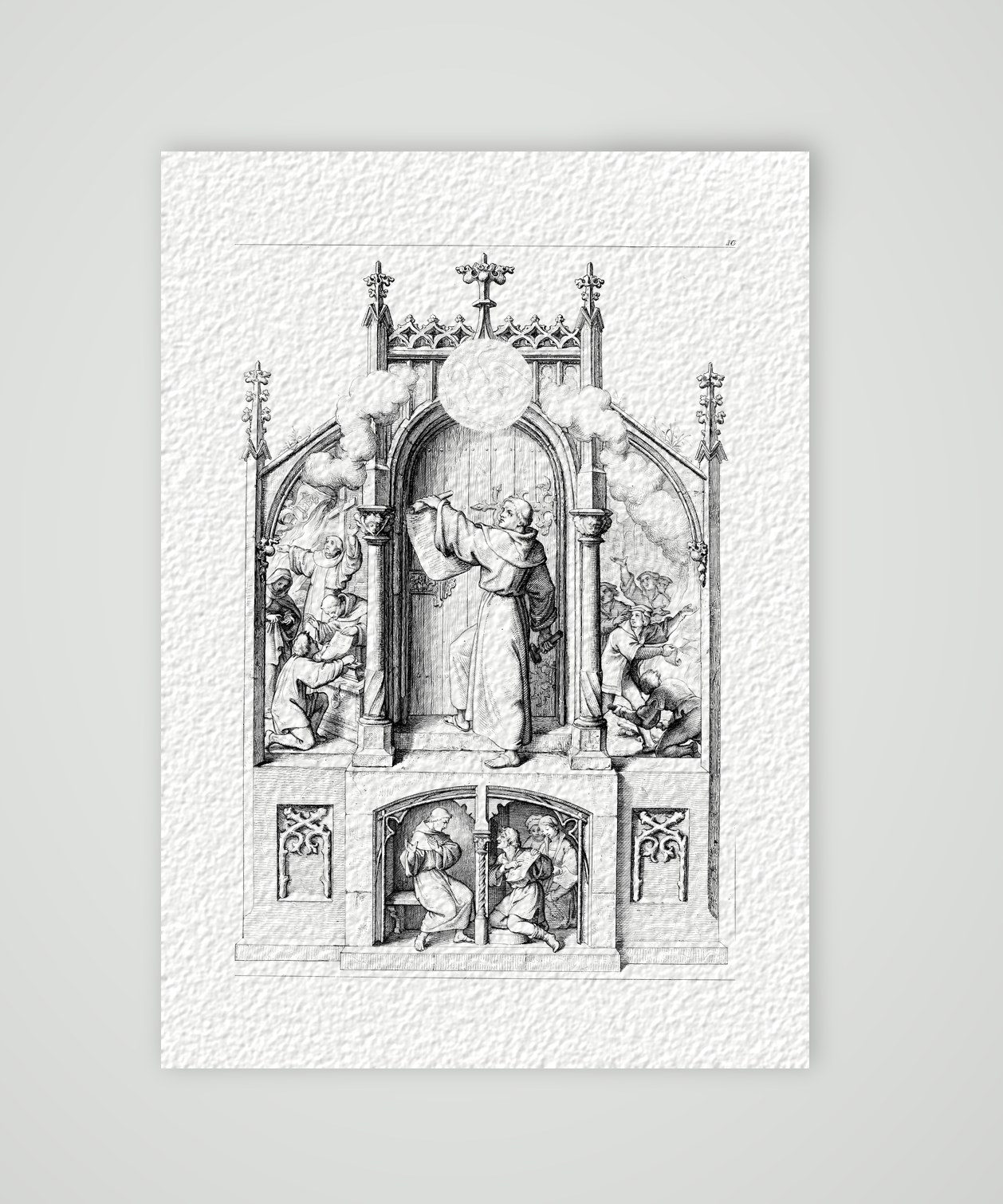 Luthers Thesenanschlag und die verweigerte Absolution – Stich nach Gustav König (Monogramm GK), Kunstdruck auf Hahnemühle-Büttenpapier