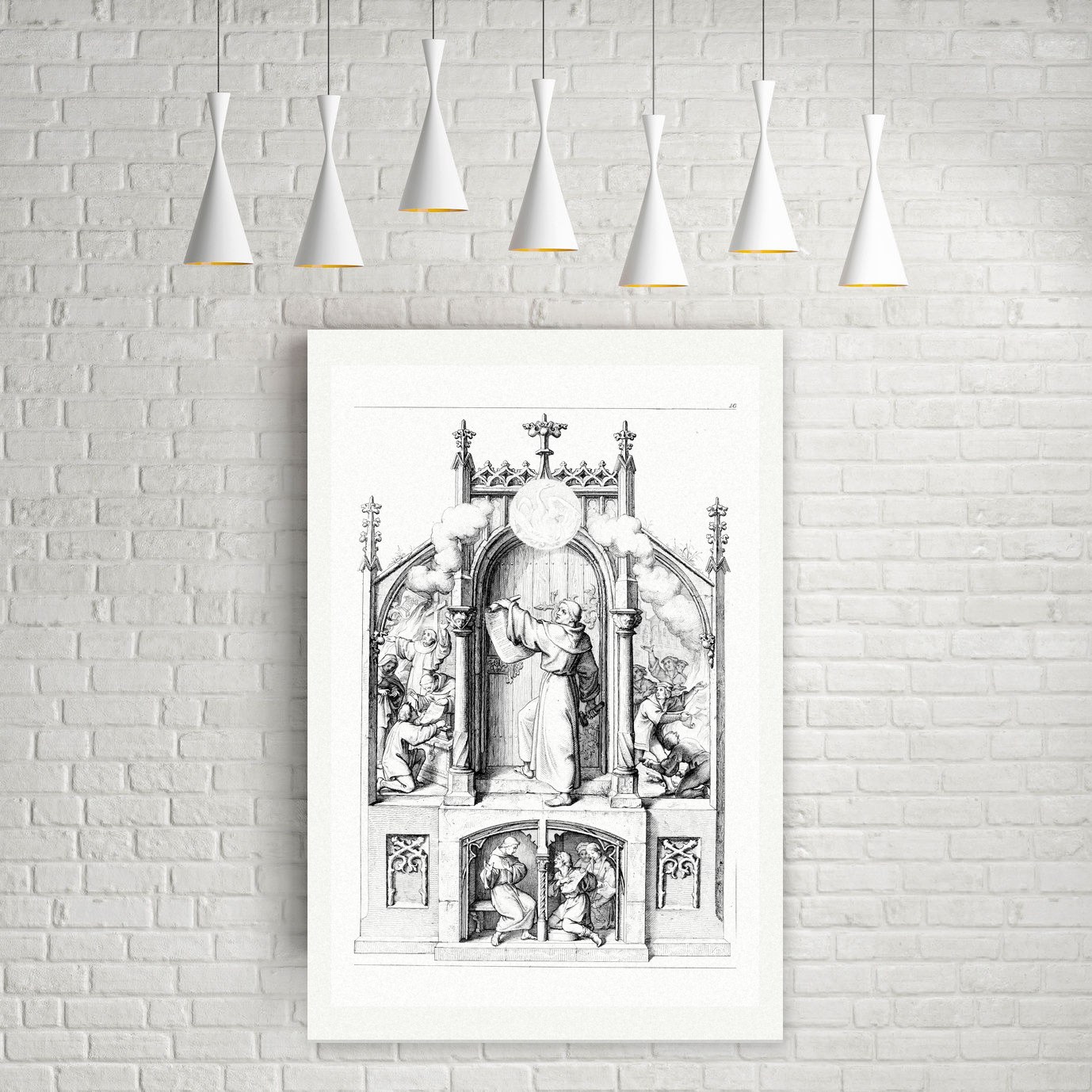 Luthers Thesenanschlag und die verweigerte Absolution – Stich nach Gustav König (Monogramm GK), Leinwanddruck auf Holzkeilrahmen an der Wand