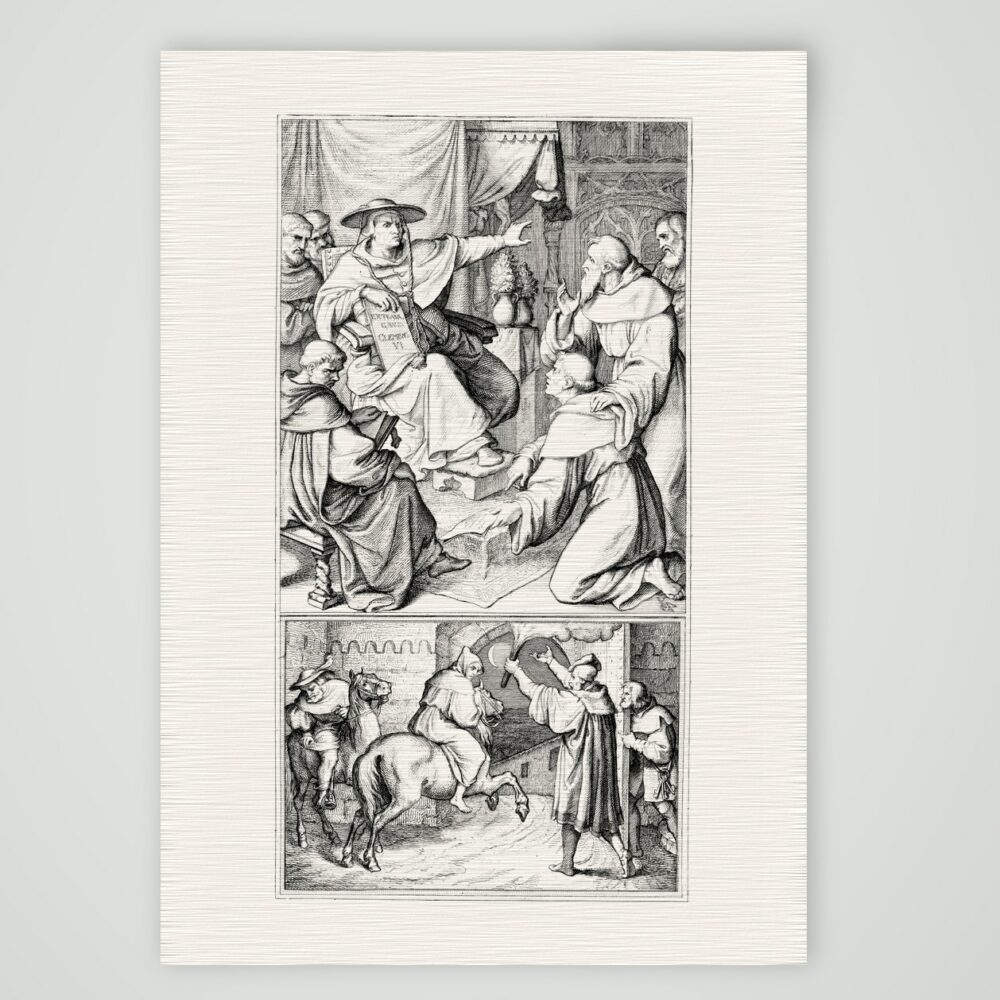 Luther vor Kardinal Cajetan in Augsburg – Stich nach Gustav König (Monogramm GK), Kunstdruck auf Leinenpapier
