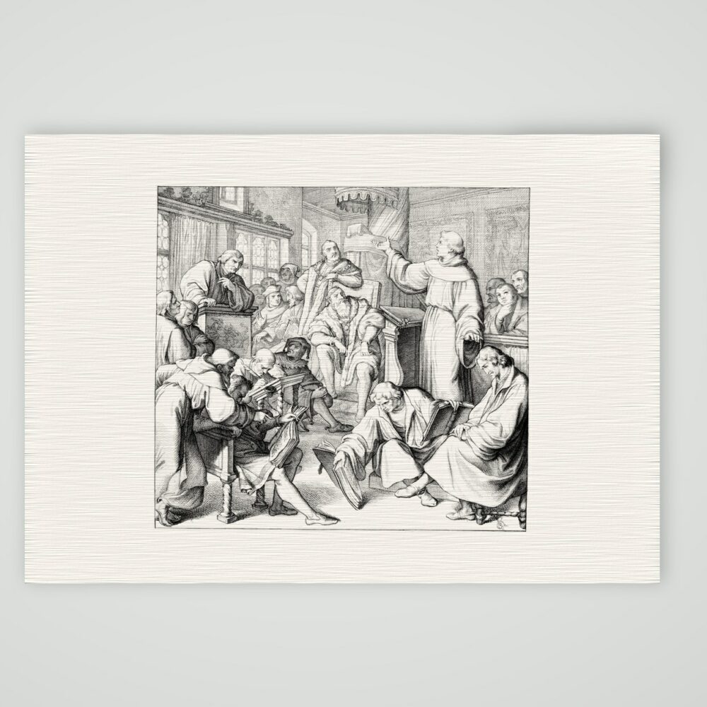 Die Leipziger Disputation Luthers mit Eck (1519) – Stich nach Gustav König (Monogramm GK), Kunstdruck auf Leinenpapier