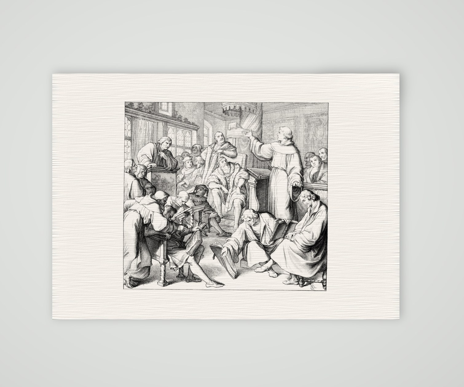 Die Leipziger Disputation Luthers mit Eck (1519) – Stich nach Gustav König (Monogramm GK), Kunstdruck auf Leinenpapier