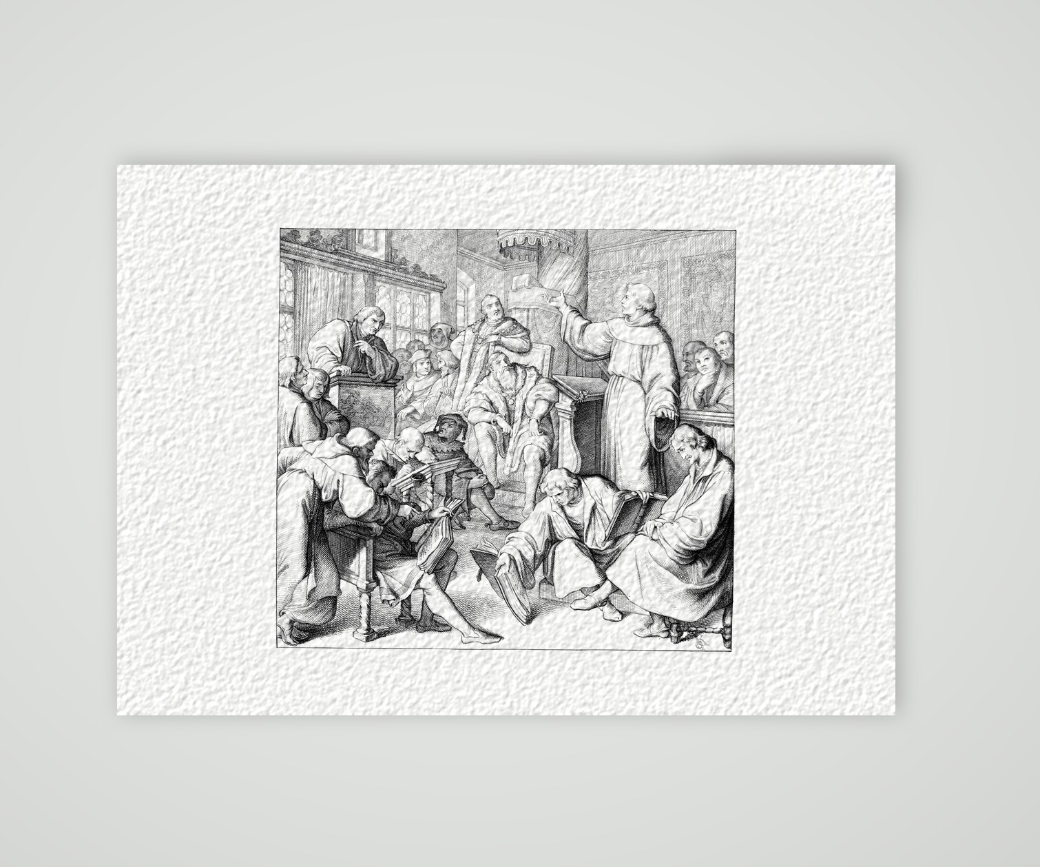 Die Leipziger Disputation Luthers mit Eck (1519) – Stich nach Gustav König (Monogramm GK), Kunstdruck auf Hahnemühle-Büttenpapier