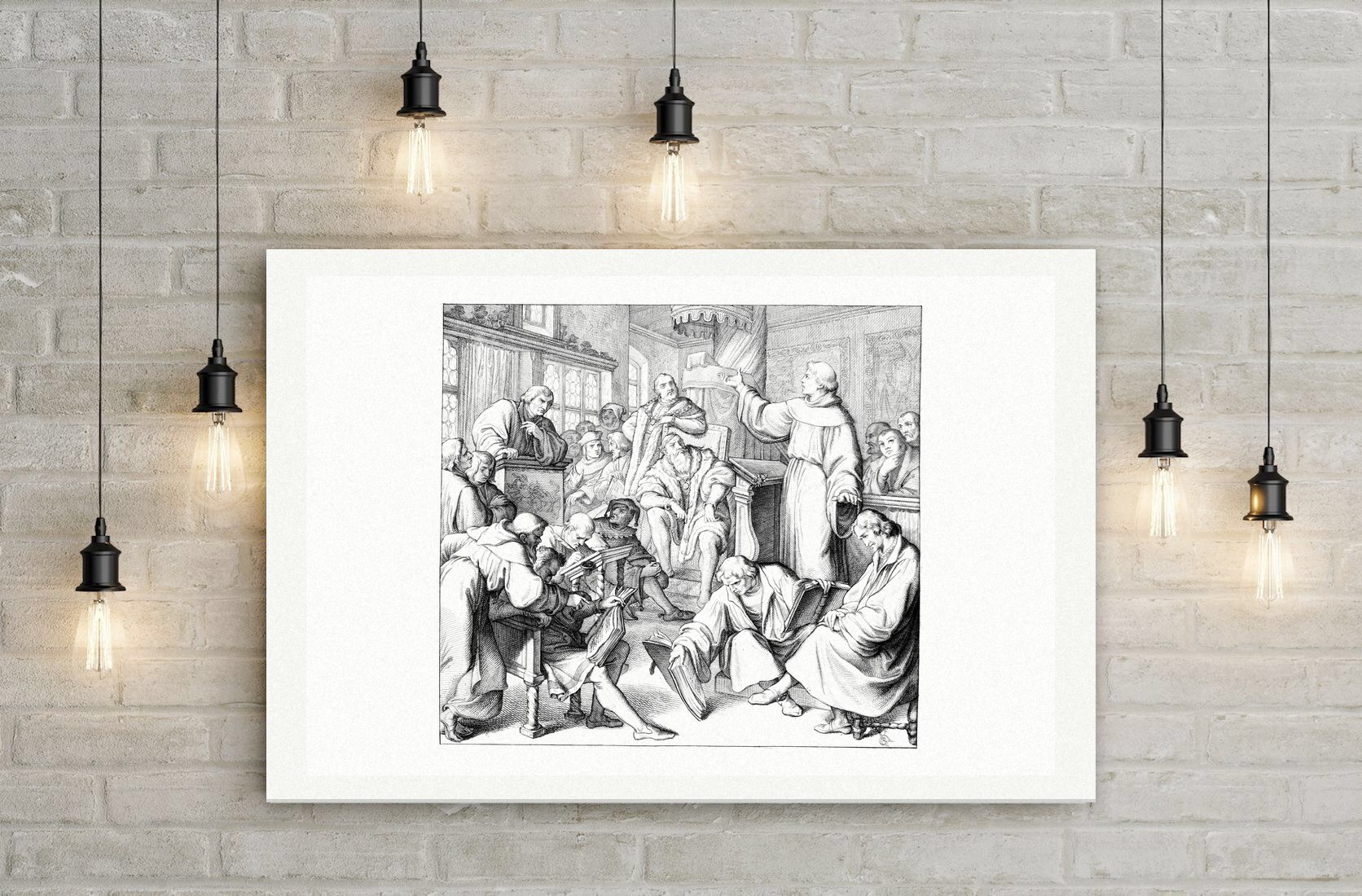Die Leipziger Disputation Luthers mit Eck (1519) – Stich nach Gustav König (Monogramm GK), Leinwanddruck auf Holzkeilrahmen an der Wand
