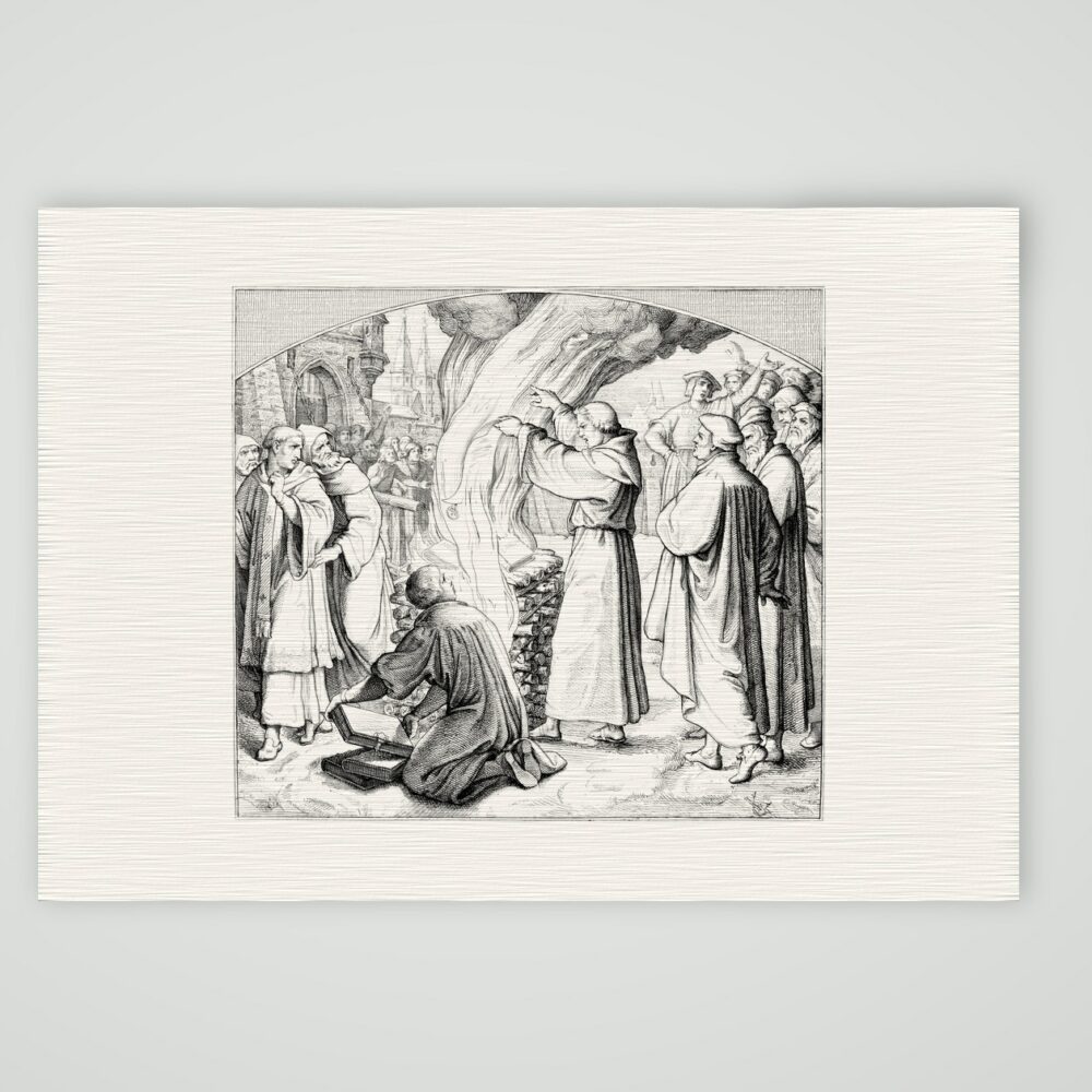 Luther verbrennt die päpstliche Bannbulle (1520) – Stich nach Gustav König (Monogramm GK), Kunstdruck auf Leinenpapier