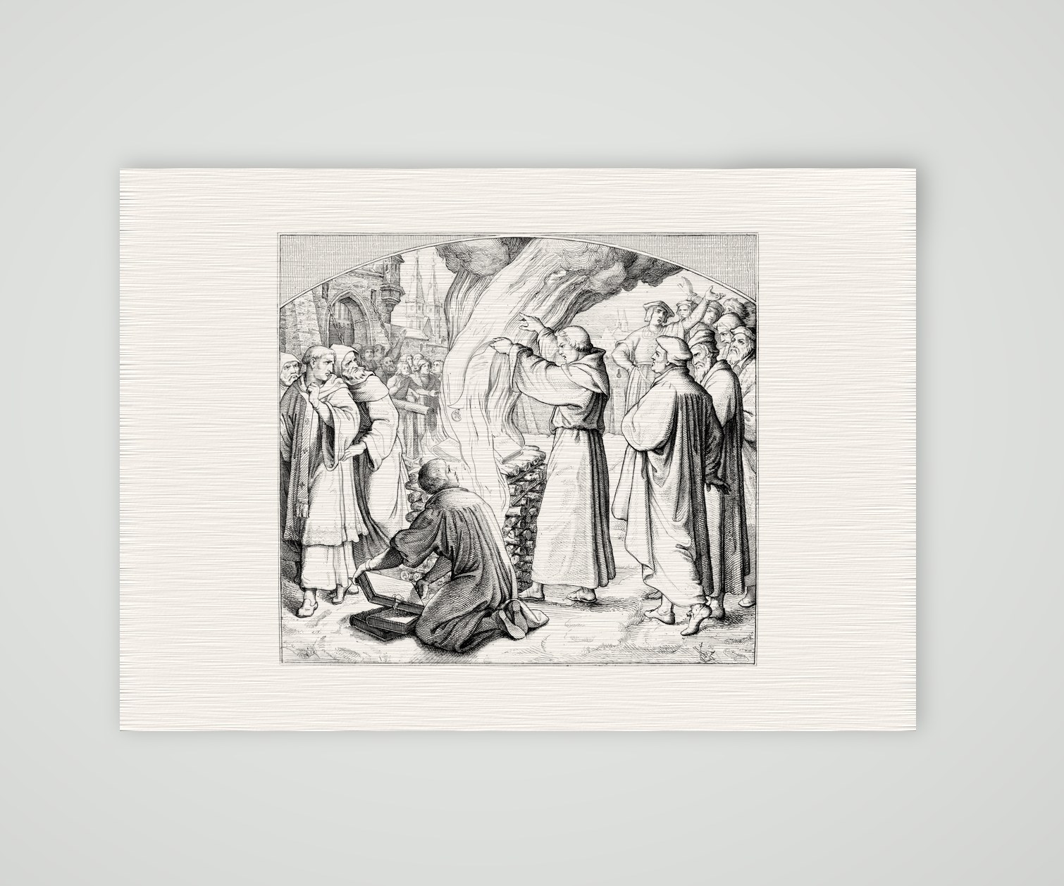 Luther verbrennt die päpstliche Bannbulle (1520) – Stich nach Gustav König (Monogramm GK), Kunstdruck auf Leinenpapier