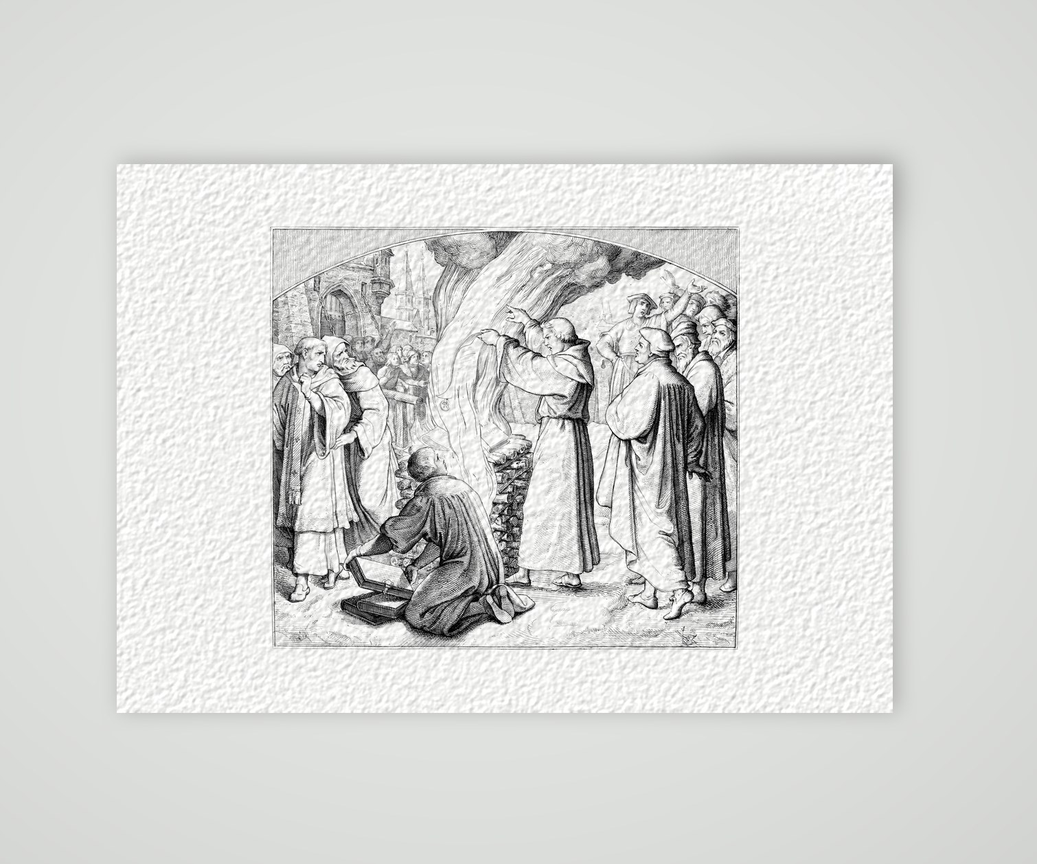Luther verbrennt die päpstliche Bannbulle (1520) – Stich nach Gustav König (Monogramm GK), Kunstdruck auf Hahnemühle-Büttenpapier