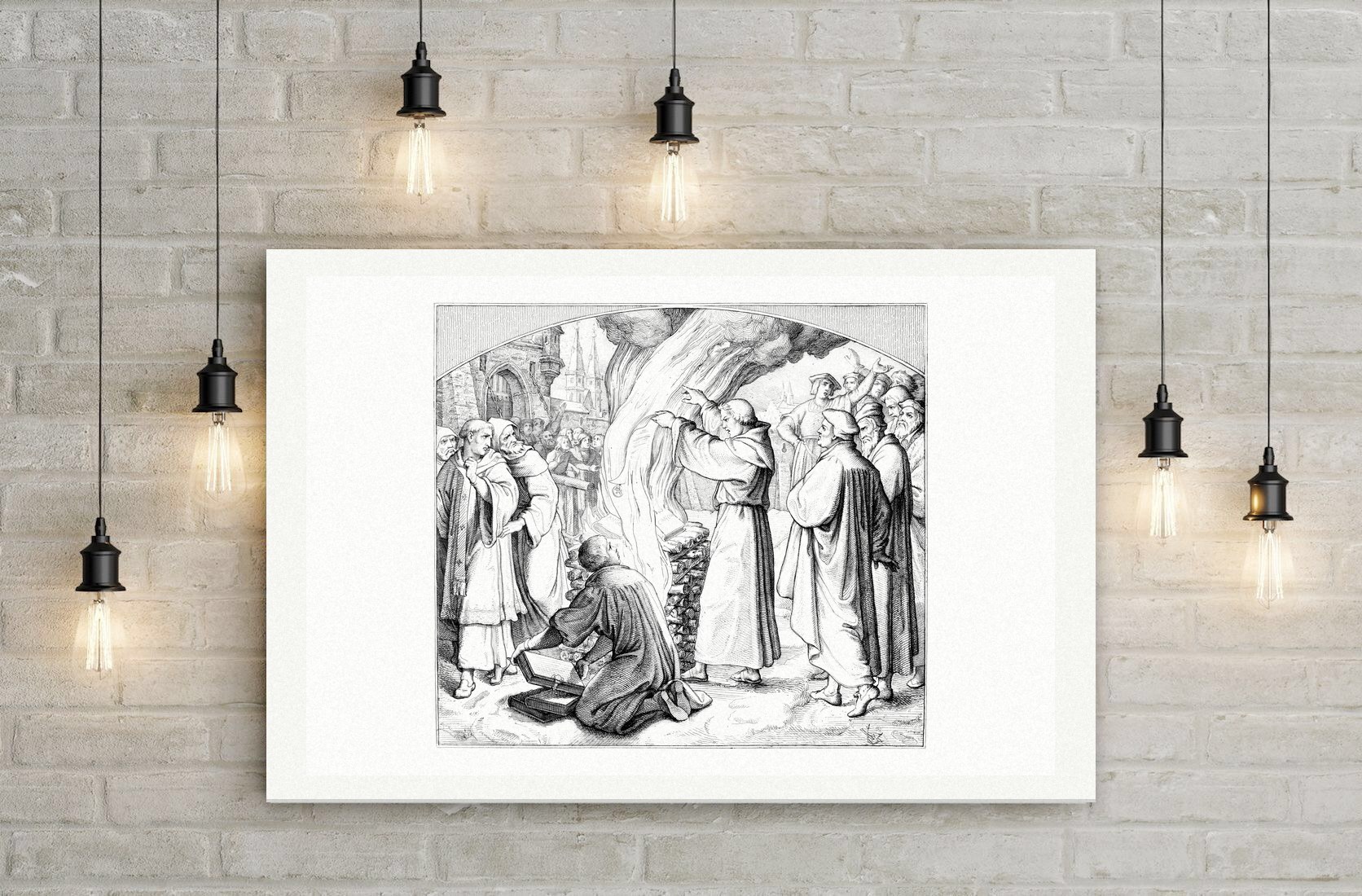 Luther verbrennt die päpstliche Bannbulle (1520) – Stich nach Gustav König (Monogramm GK), Leinwanddruck auf Holzkeilrahmen an der Wand
