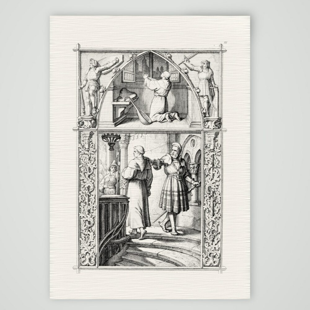 Luther vor dem Reichssaal in Worms – Stich nach Gustav König (Monogramm GK), Kunstdruck auf Leinenpapier