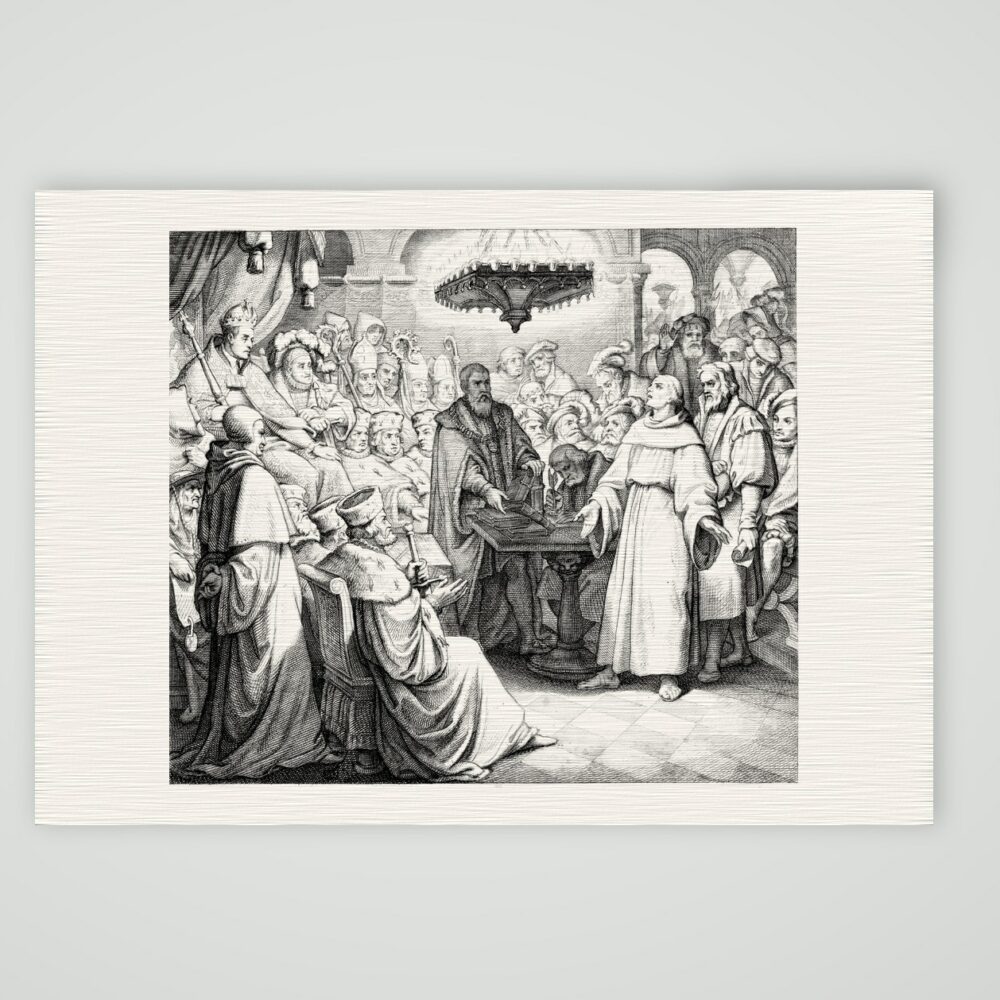 Luther vor Kaiser und Reich in Worms (1521) – Stich nach Gustav König (Monogramm GK), Kunstdruck auf Leinenpapier