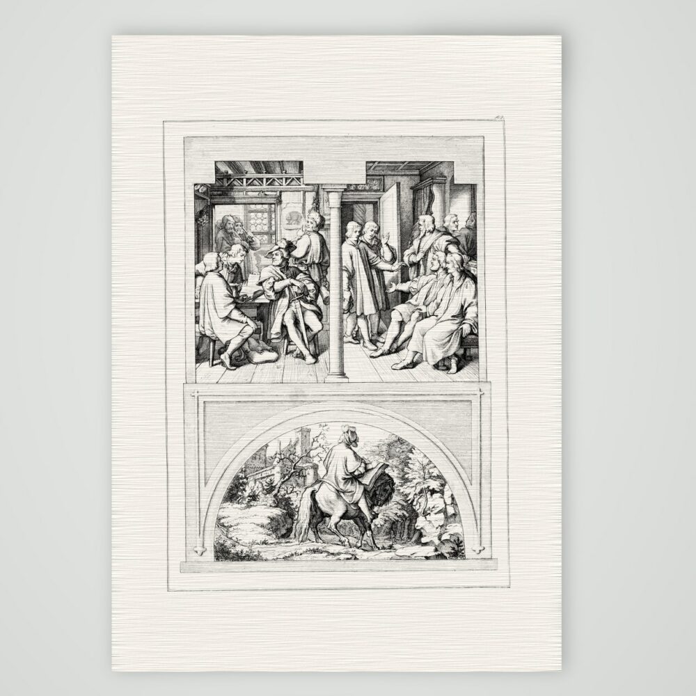 Luther im Schwarzen Bären zu Jena und sein Ritt von der Wartburg – Stich nach Gustav König (Monogramm GK), Kunstdruck auf Leinenpapier