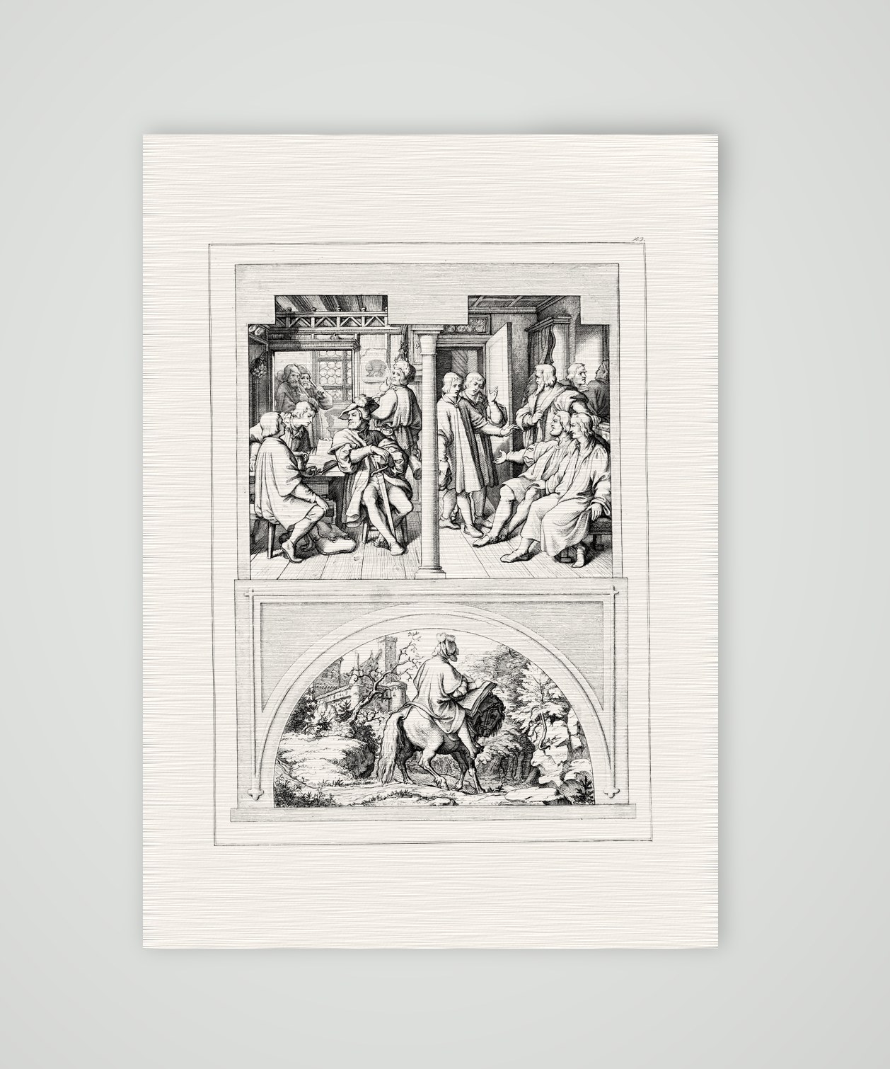 Luther im Schwarzen Bären zu Jena und sein Ritt von der Wartburg – Stich nach Gustav König (Monogramm GK), Kunstdruck auf Leinenpapier