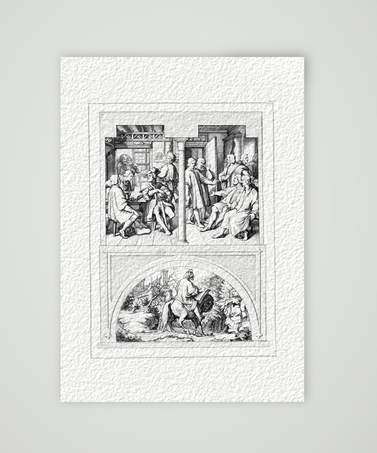 Luther im Schwarzen Bären zu Jena und sein Ritt von der Wartburg – Stich nach Gustav König (Monogramm GK), Kunstdruck auf Hahnemühle-Büttenpapier