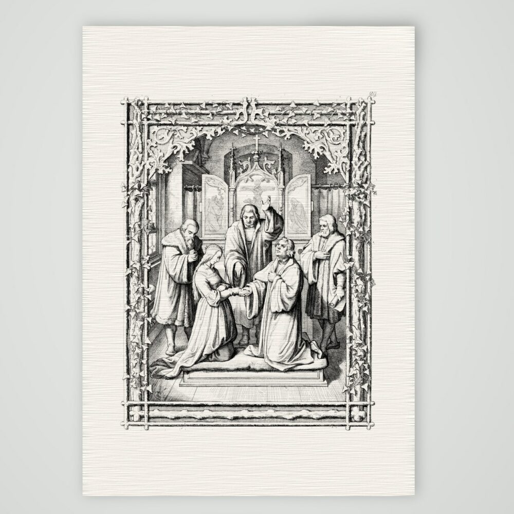 Luthers Vermählung mit Katharina von Bora – Stich nach Gustav König (Monogramm GK), Kunstdruck auf Leinenpapier