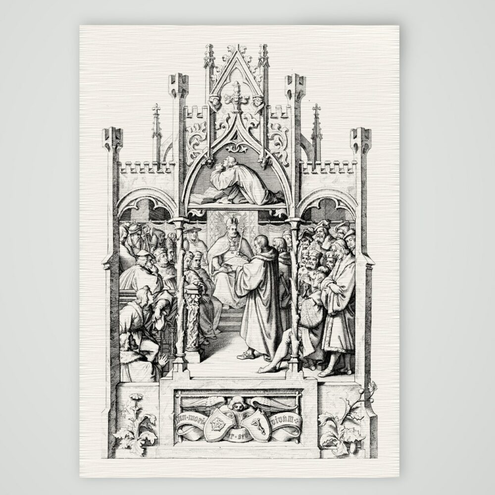 Die Übergabe der Augsburger Konfession (1530) – Stich nach Gustav König (Monogramm GK), Kunstdruck auf Leinenpapier