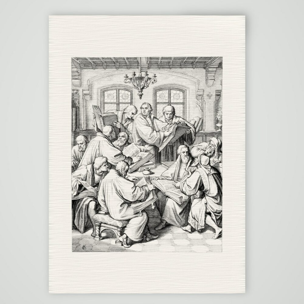 Die Bibelübersetzung – Luther mit Melanchthon und den Gelehrten – Stich nach Gustav König (Monogramm GK), Kunstdruck auf Leinenpapier
