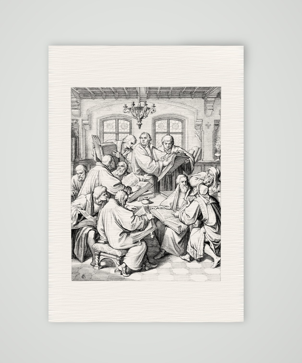 Die Bibelübersetzung – Luther mit Melanchthon und den Gelehrten – Stich nach Gustav König (Monogramm GK), Kunstdruck auf Leinenpapier