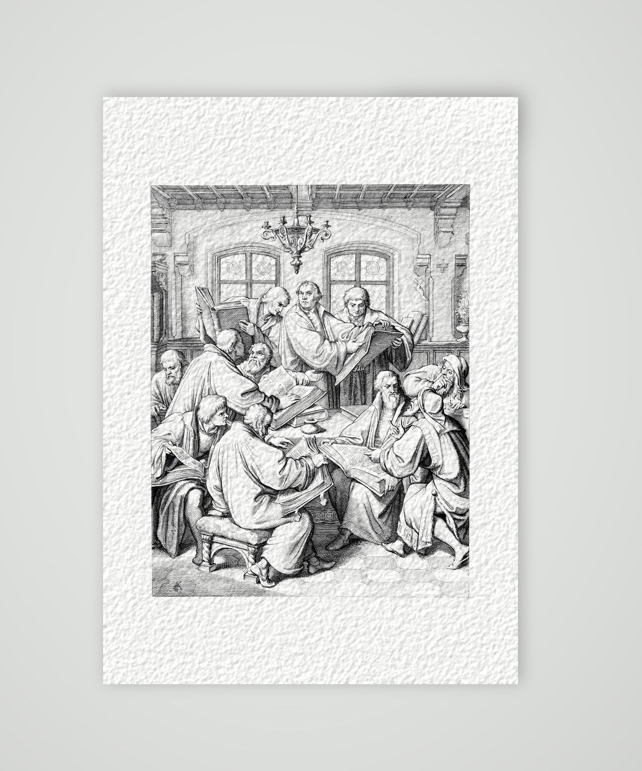 Die Bibelübersetzung – Luther mit Melanchthon und den Gelehrten – Stich nach Gustav König (Monogramm GK), Kunstdruck auf Hahnemühle-Büttenpapier