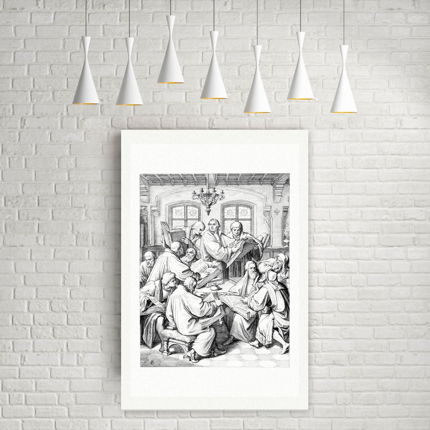 Die Bibelübersetzung – Luther mit Melanchthon und den Gelehrten – Stich nach Gustav König (Monogramm GK), Leinwanddruck auf Holzkeilrahmen an der Wand