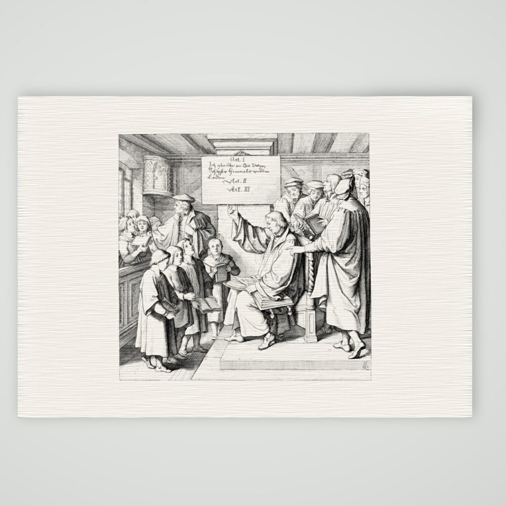 Die Schulverbesserung – Einführung des Katechismus – Stich nach Gustav König (Monogramm GK), Kunstdruck auf Leinenpapier