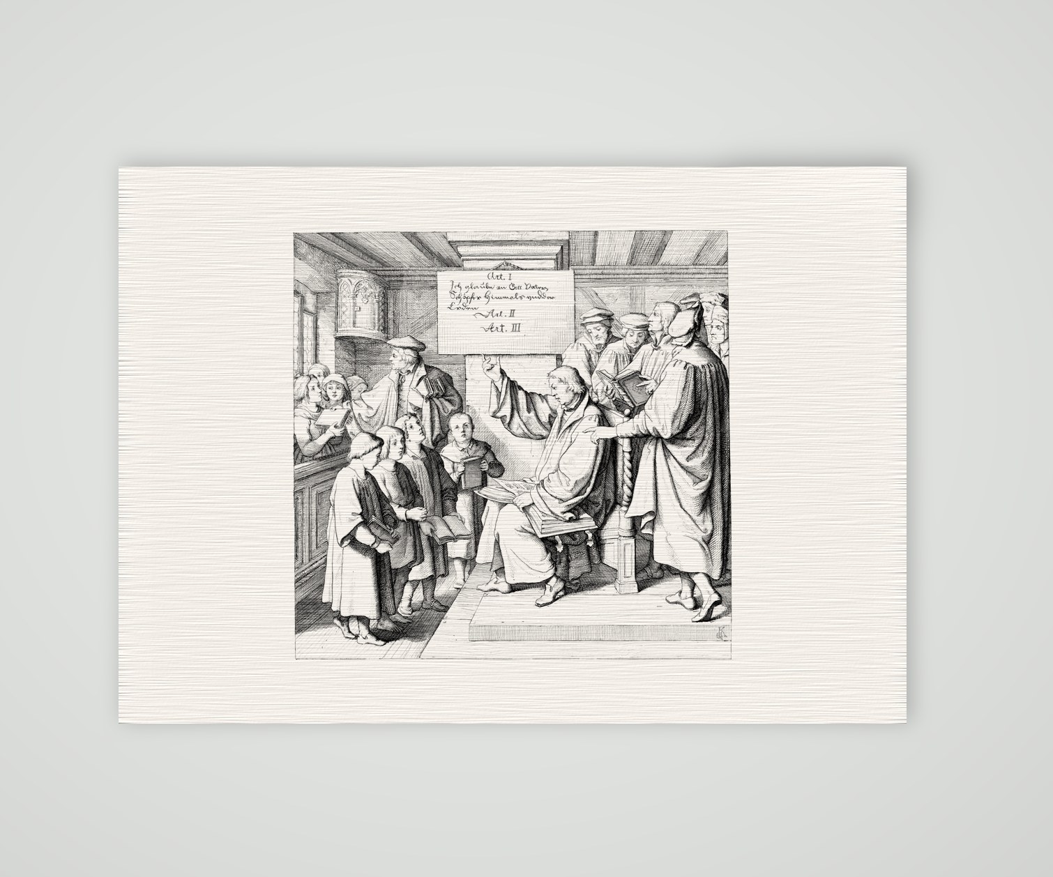 Die Schulverbesserung – Einführung des Katechismus – Stich nach Gustav König (Monogramm GK), Kunstdruck auf Leinenpapier