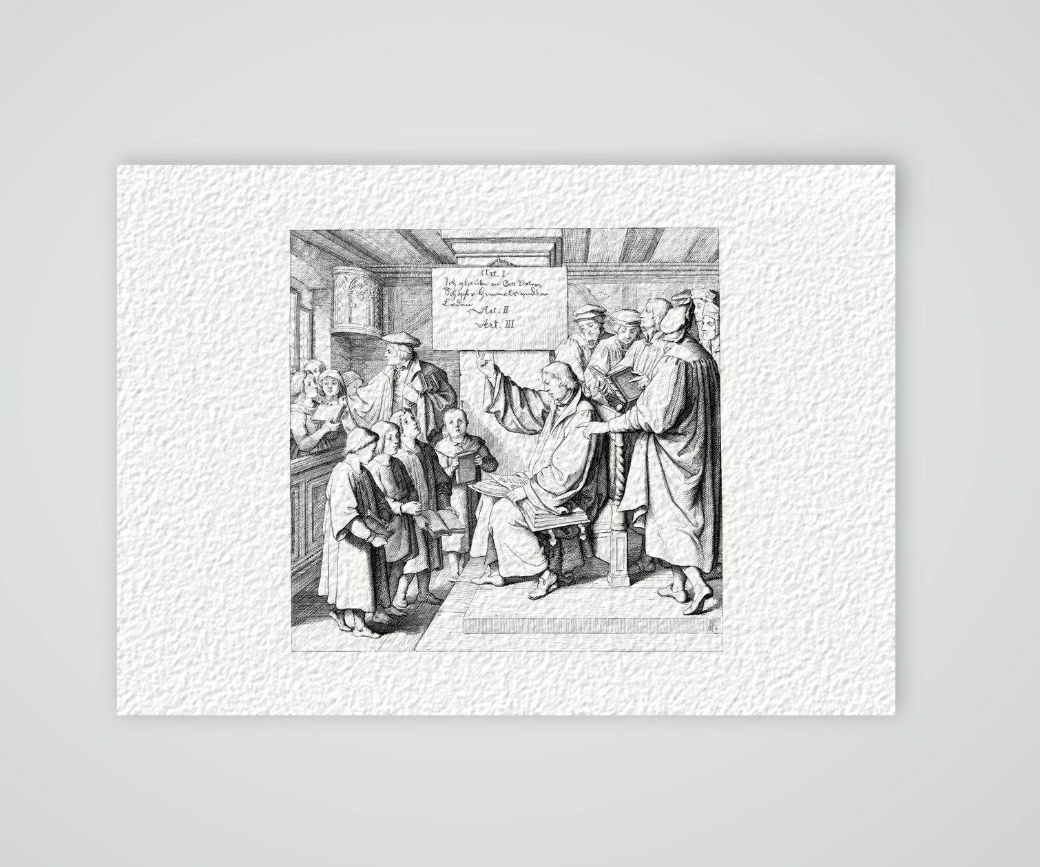 Die Schulverbesserung – Einführung des Katechismus – Stich nach Gustav König (Monogramm GK), Kunstdruck auf Hahnemühle-Büttenpapier