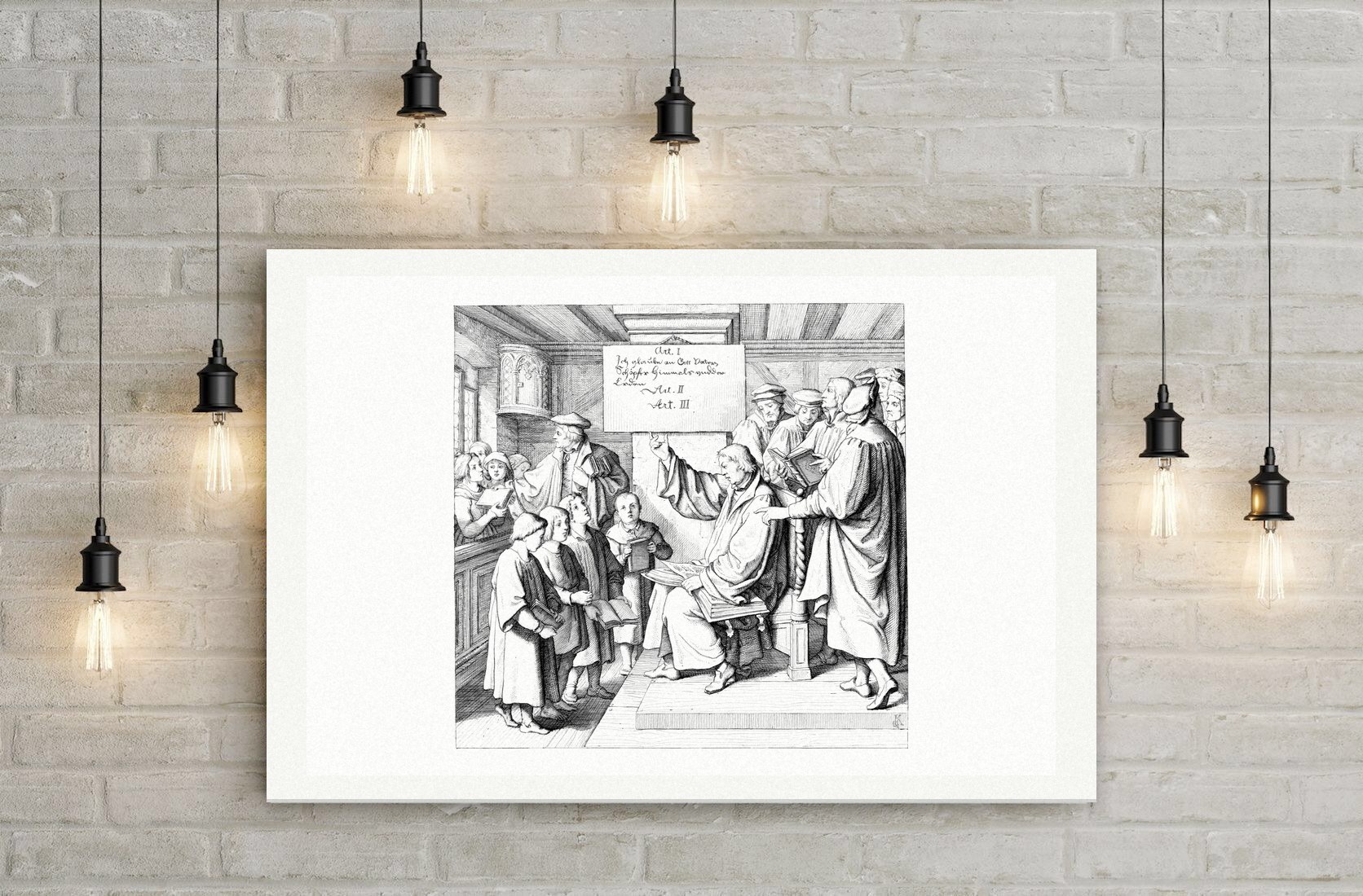 Die Schulverbesserung – Einführung des Katechismus – Stich nach Gustav König (Monogramm GK), Leinwanddruck auf Holzkeilrahmen an der Wand